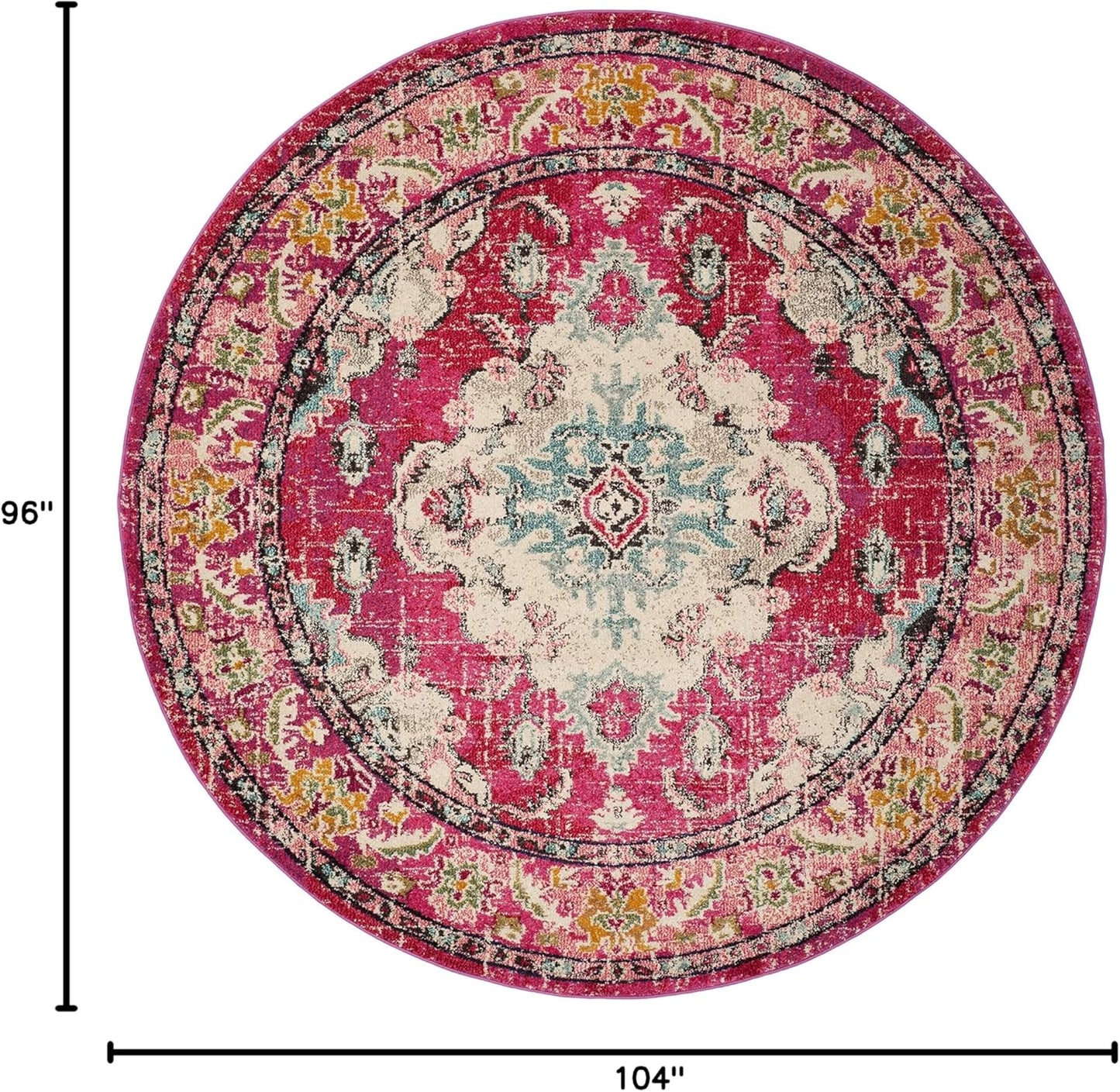 SAFAVIEH Monaco Collection Area Rug - 8'8" Round, Pink & Multi, Boho Chic Medallion Distressed Design, Non-Shedding & Easy Care, Ideal for High Traffic Areas in Living Room, Bedroom (MNC243D)