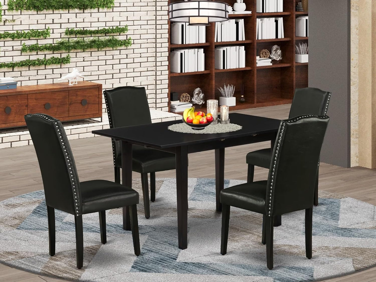 East West Furniture NOEN5-BLK-69 5 Piece Kitchen Table & Chairs Set Includes a Rectangle Butterfly Leaf Dining Table and 4 Black Faux Leather Parsons Chairs, 32x54 Inch, Black