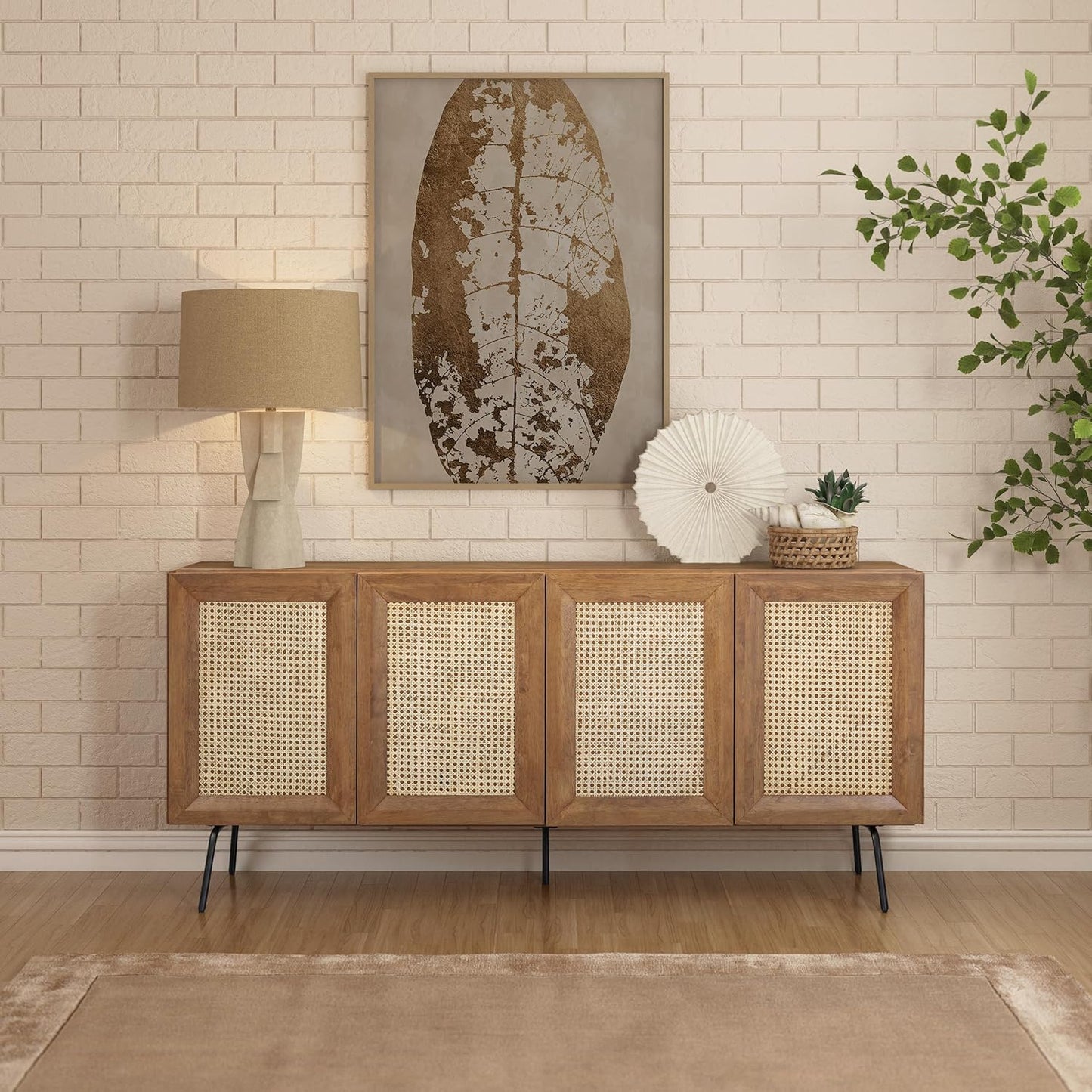 NTC MOSSIC Modern Sideboard with 4 Doors, Natural Rattan Storage Cabinet, Buffet with Metal Legs, Boho Accent Cabinet for Living Room, and Entryway, Effortless Assembly, Teak Look