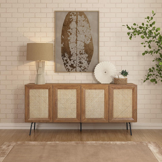 NTC MOSSIC Modern Sideboard with 4 Doors, Natural Rattan Storage Cabinet, Buffet with Metal Legs, Boho Accent Cabinet for Living Room, and Entryway, Effortless Assembly, Teak Look