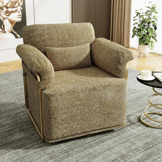 KEIKI Modern Comfy Swivel Accent Reading Chair with Waist Pillows, 360°Square Upholstered Barrel Armchair Single Club Lounge Sofa Chairs for Living Room,Bedroom,Office,Brown