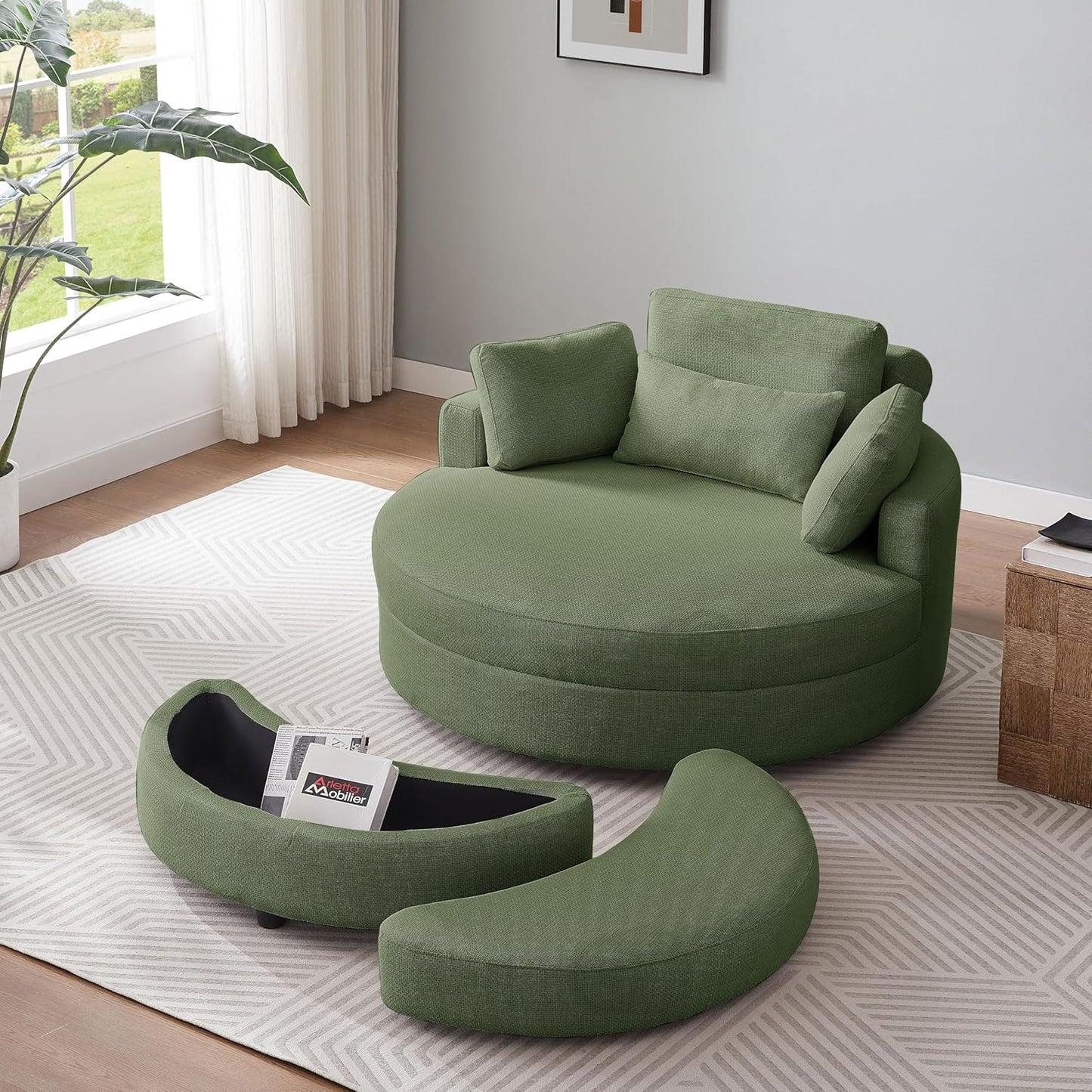 51.2'' Oversized Barrel Armchair with Storage Ottoman，Round Single Reading Upholstered Chairs,Recliner Sofa Chaise with 4 Movable Pillows for Living Room(Green+Linen)