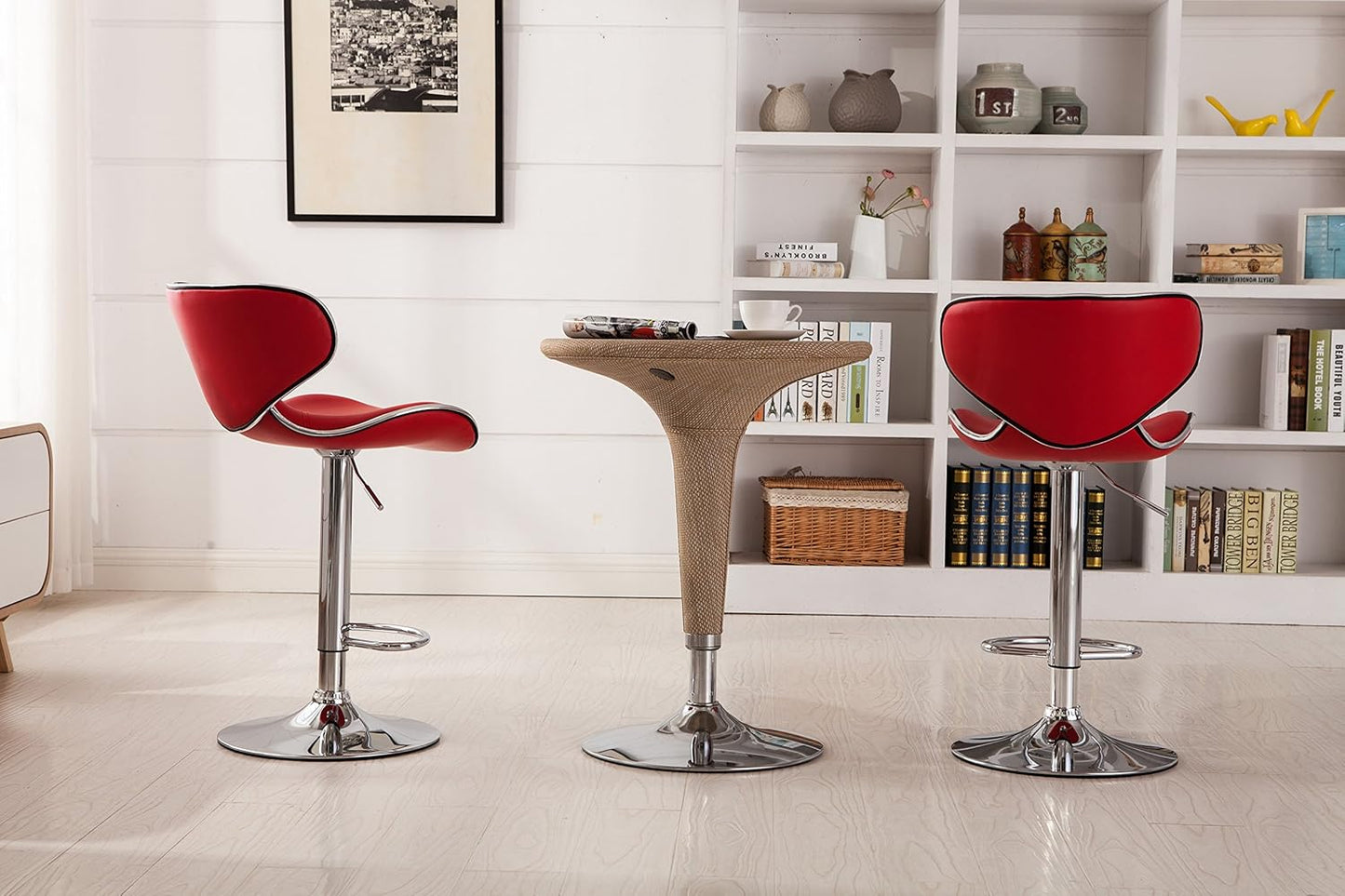 Roundhill Furniture Masaccio Cushioned Leatherette Upholstery Airlift Adjustable Swivel Barstool with Chrome Base, Set of 2, Red