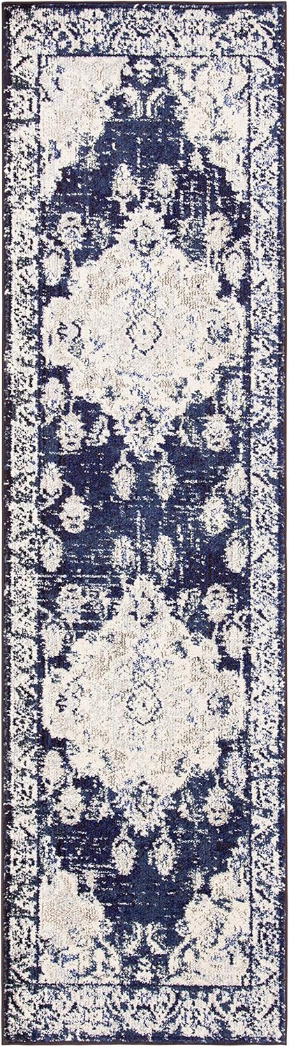 SAFAVIEH Monaco Collection Runner Rug - 2'2" x 8', Ivory & Navy, Boho Chic Medallion Distressed Design, Non-Shedding & Easy Care, Ideal for High Traffic Areas in Living Room, Bedroom (MNC243C)