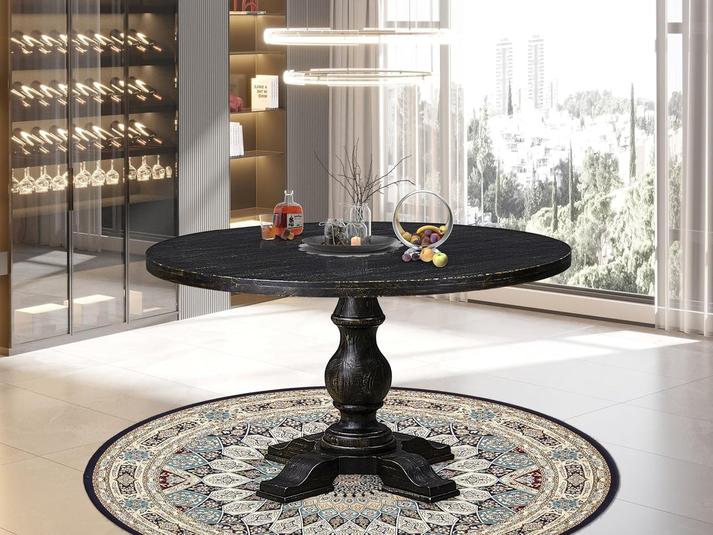 I55-11-TP Breakfast Table with Acacia Wood Round Tabletop and Stylish Pedestal Base - Sand Blasted Black Finish