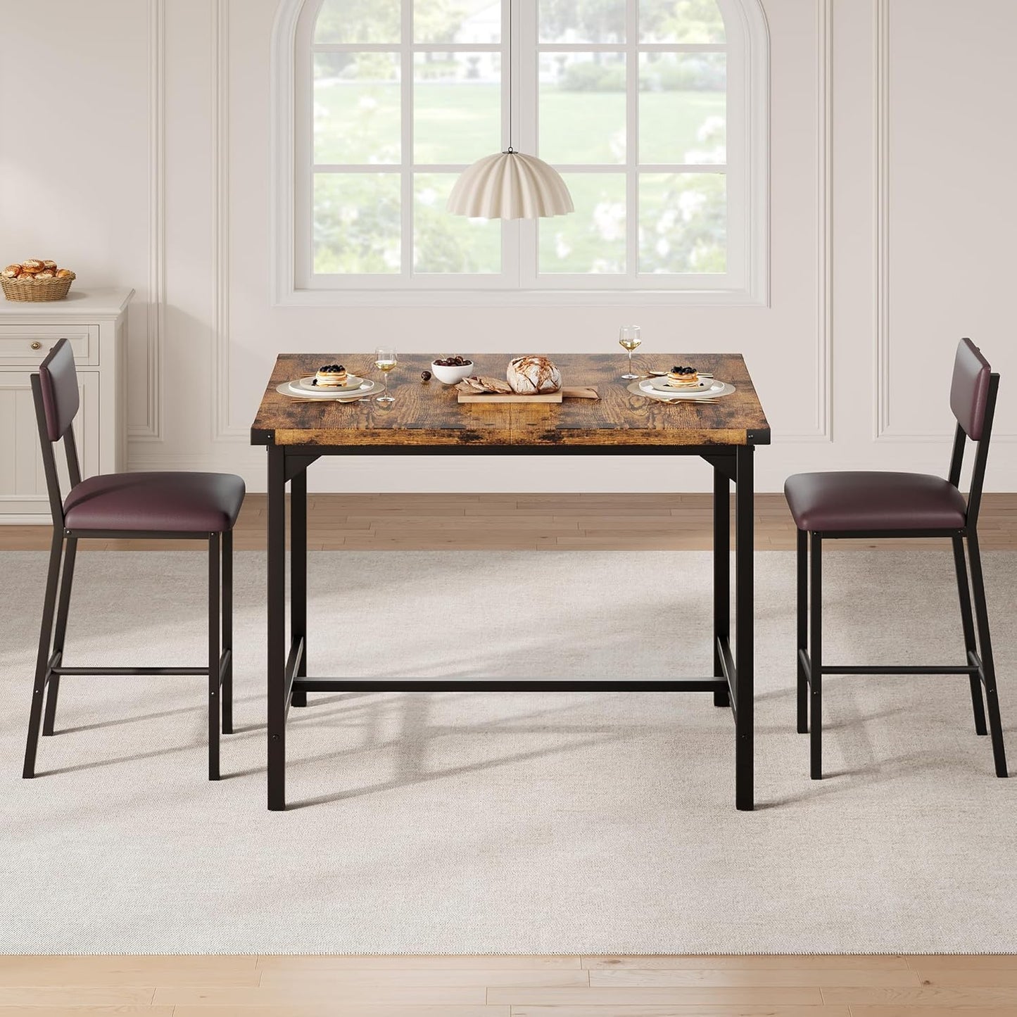 IDEALHOUSE Dining Table Set for 2 w/Counter Height Table & 2 Upholstered Bar Stools, 3-Piece Kitchen Table Set with Footrest & Corner Protector, for Kitchen Room, Apartment, Pub