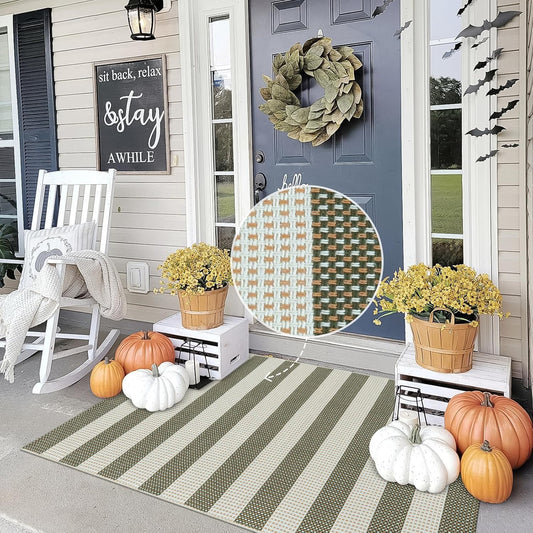 OJIA Outdoor Rug 3'x5', Washable Entryway Rugs Indoor Fall Front Door Mat Cotton Woven Checkered Front Door Rug Small Area Rug Halloween Doormat for Porch Kitchen Patio Bathroom (Green/White/Tan)