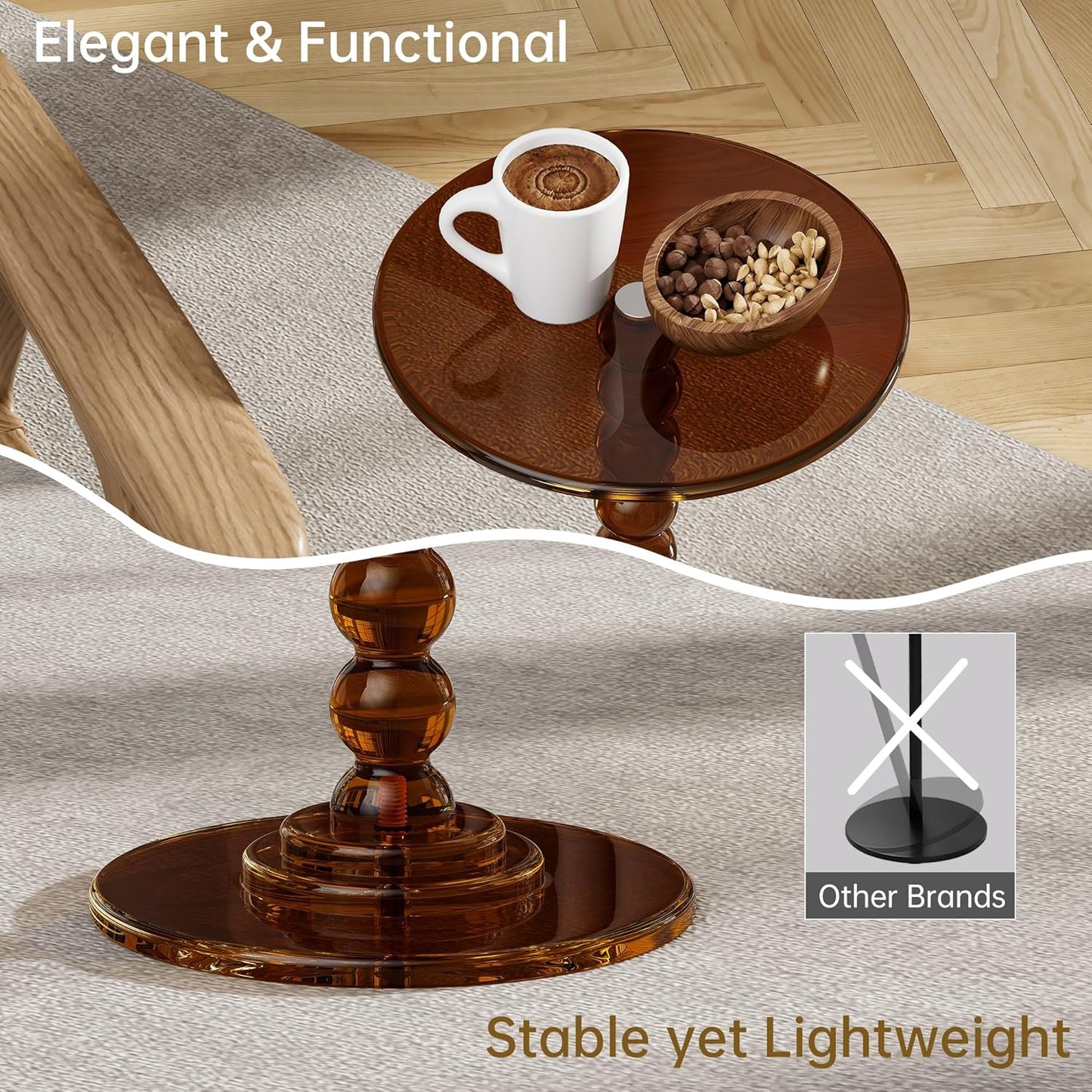 Acrylic Side Table, End Table Round Top with Solid Post for Living Room, Bedroom, Balcony, Easy Assembly (Clear) (Pedestal, Dark Brown)