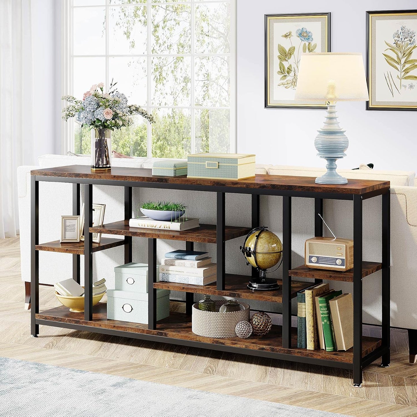 Tribesigns Console Sofa Table, 70.9 inch Extra Long Table Behind Couch with Storage Shelves, 3-Tier Industrial Narrow Entryway Hallway Accent Table for Living Room, Rustic Brown