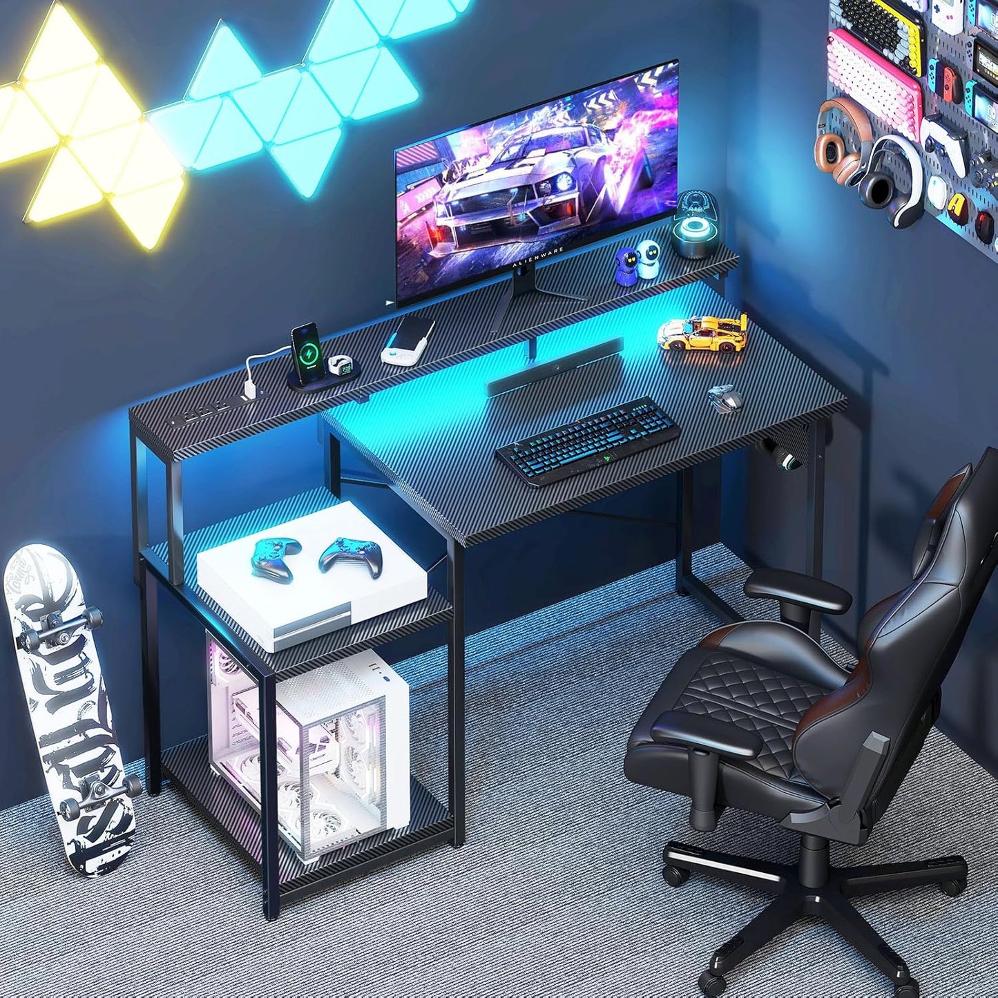 AODK Computer Desk, 48 Inch Gaming Desk with Led Lights & Power Outlet, Office Desk with Storage Shelves, Reversible Desk with Monitor Shelf & Headphone Hook, Carbon Fiber Black