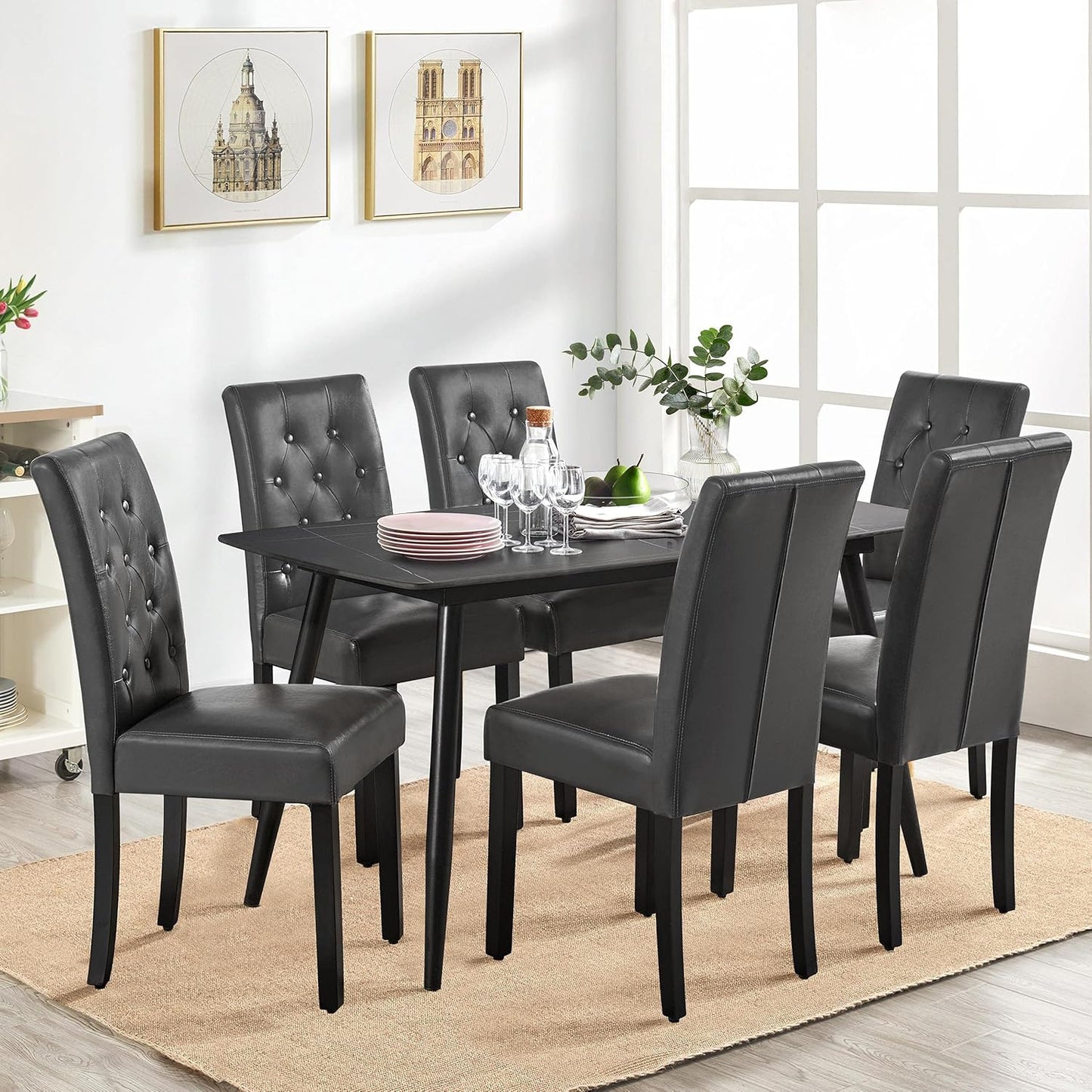 Yaheetech Dining Chairs Set of 6 Modern Style Faux Leather Dining Room Chairs with Solid Wood Legs and Button Tufted Padded for Home Kitchen, Gray