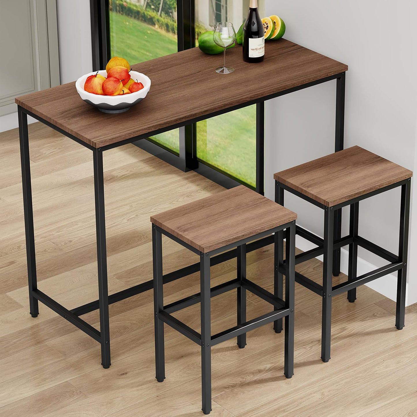 Aklaus Bar Table and Chairs Set 44" Dining Table Set Pub Bar Table with 2 Stools 3-Piece Kitchen Breakfast Table Set for Living Room Dining Room Sturdy Metal FrameBrown