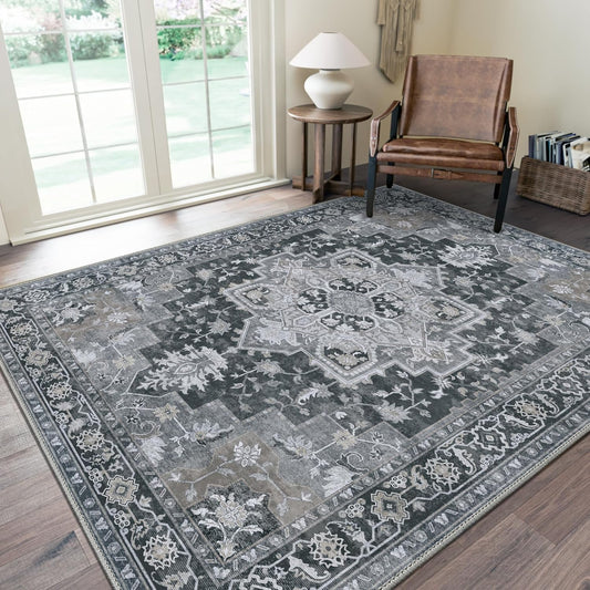 GENIMO 6x9 Area Rugs for Living Room, Machine Washable Non Slip Vintage Rugs, Low Pile Lightweight Chenille Print Rug for Bedroom, Dining Room, Home Office,Dark Gray