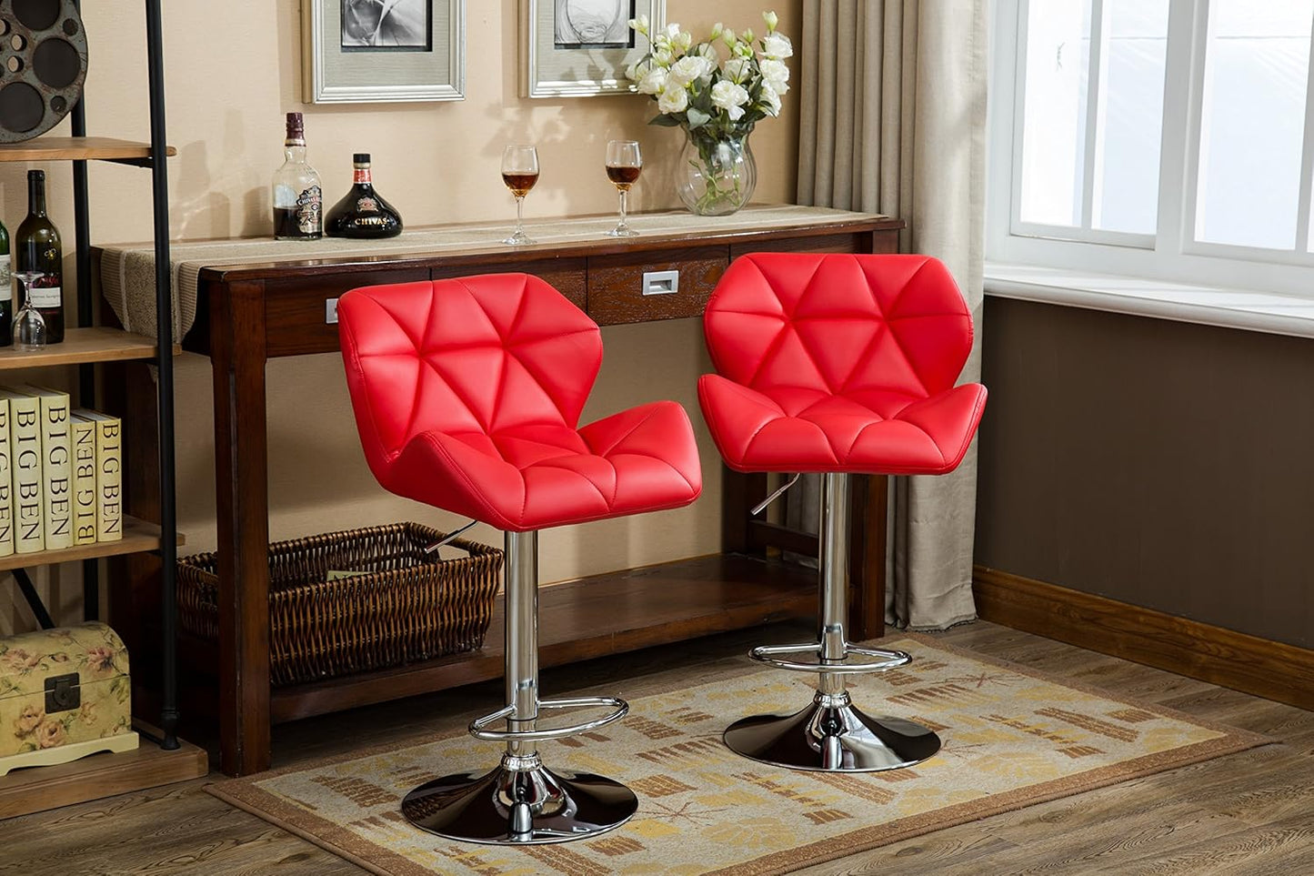 Roundhill Furniture Glasgow Contemporary Tufted Adjustable Height Hydraulic Red Bar Stools, Set of 2