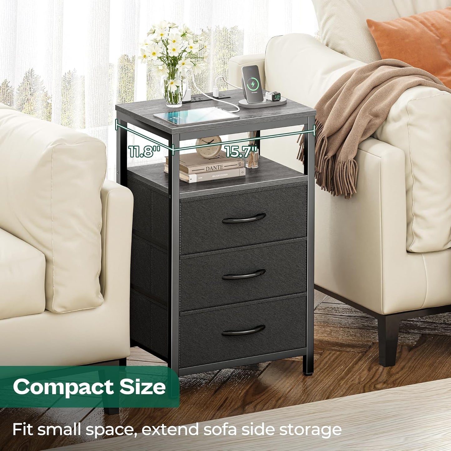 Huuger Nightstands Set of 2, 27.6 Inch End Tables with Charging Station, Fabric Drawers, Bedside Tables with USB Port and Outlet, Night Stands for Bedroom, Charcoal Gray