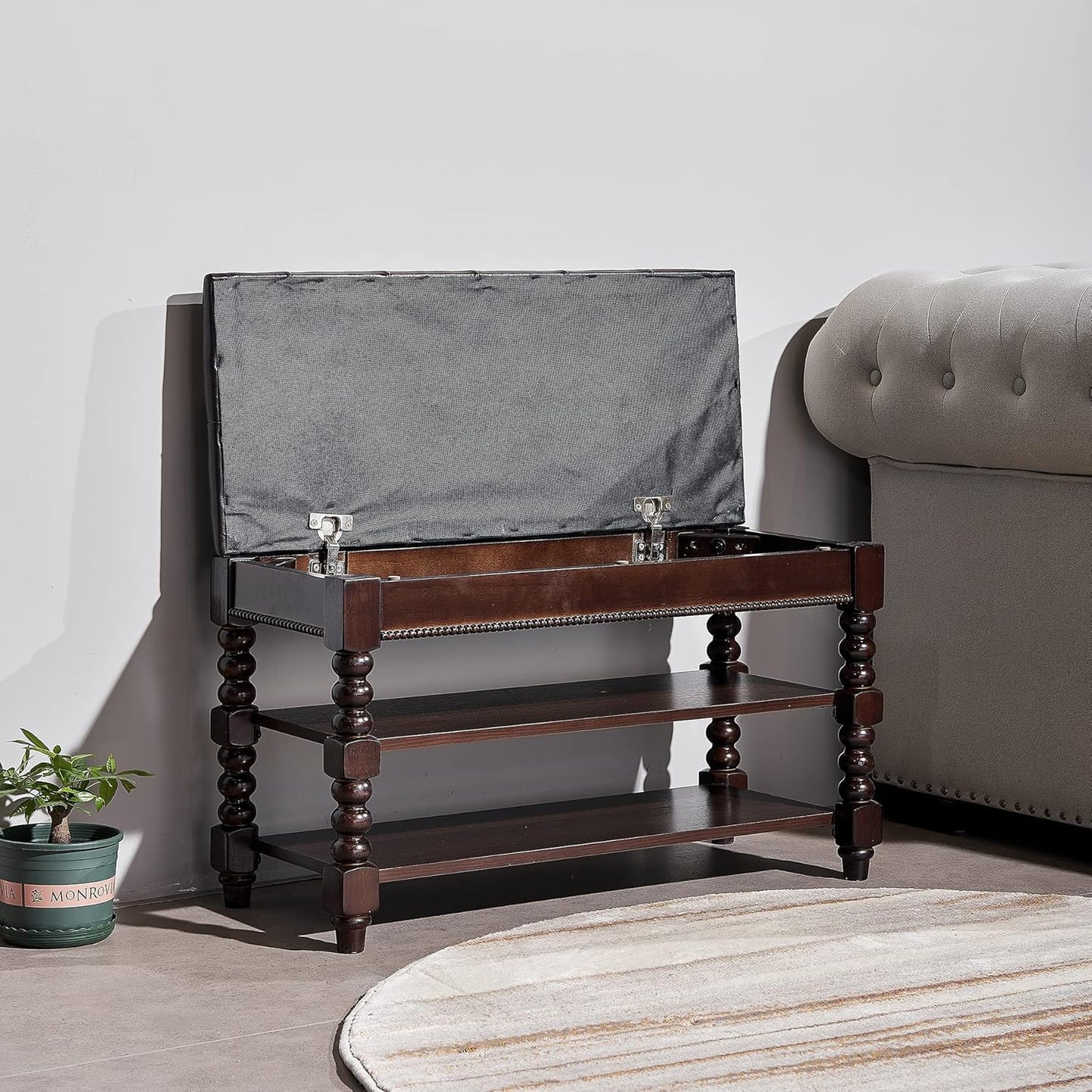 Shoe Storage Bench, Entryway Shoe Rack with Leather Seat 2-Tier Lift-top Organizer Wooden Bench for Foyer Bedroom Living Room Accent Furniture (31.5'')