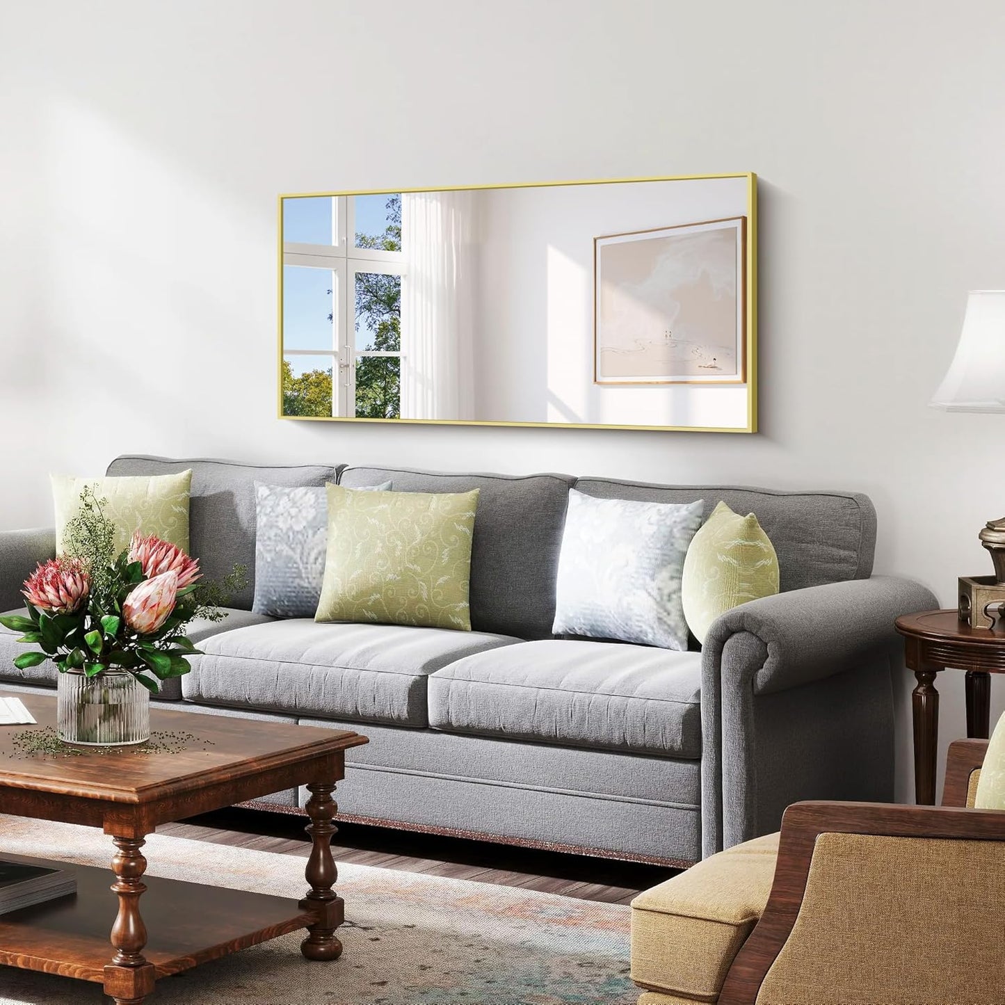 YIROMAN Bathroom Mirror 48"x24", Large Brushed Gold Bathroom Mirror for Over Sink with Aluminum Frame, Rectangular Vanity Mirror with Right Angle, Wall Mirror Hangs Horizontal or Vertical