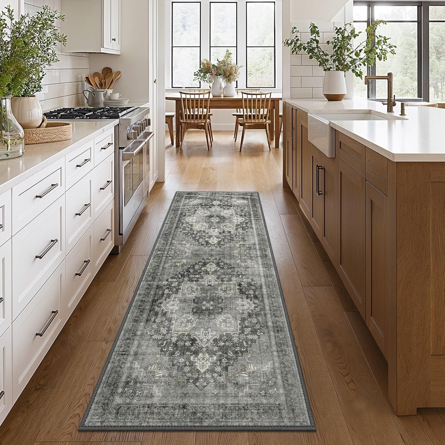 GENIMO 2x7 Runner Rugs for Hallway, Machine Washable Non Slip Vintage Rugs, Low Pile Lightweight Soft Print Rug for enrtyway, Corridor, Home Office, Kitchen, Charcoal Gray