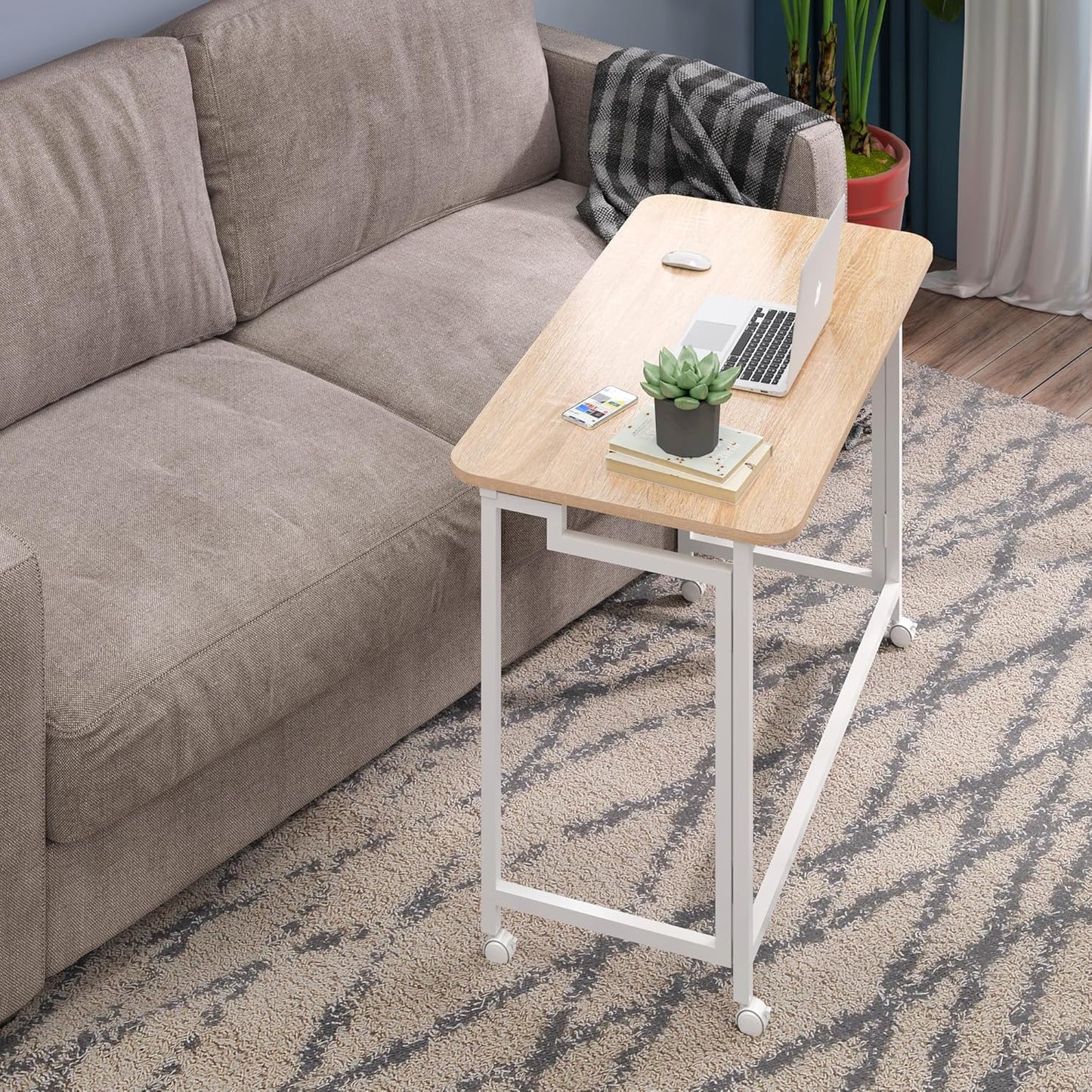 4NM 31.5" Mobile Small Rolling Computer Desk, Folding Laptop Cart Table with Wheels, Portable Office Desk for Small Space Couch Bed - Natural and White