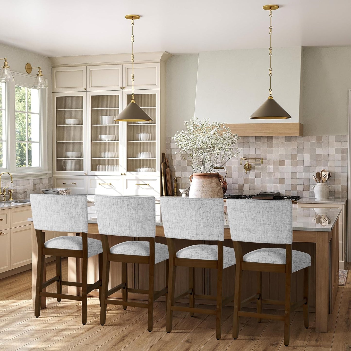 HomePop 24" Open Back Counter Stool Home Décor|Fabric Chairs for Dining Room, Kitchen and Living Room - Gray Woven(Single Pack)