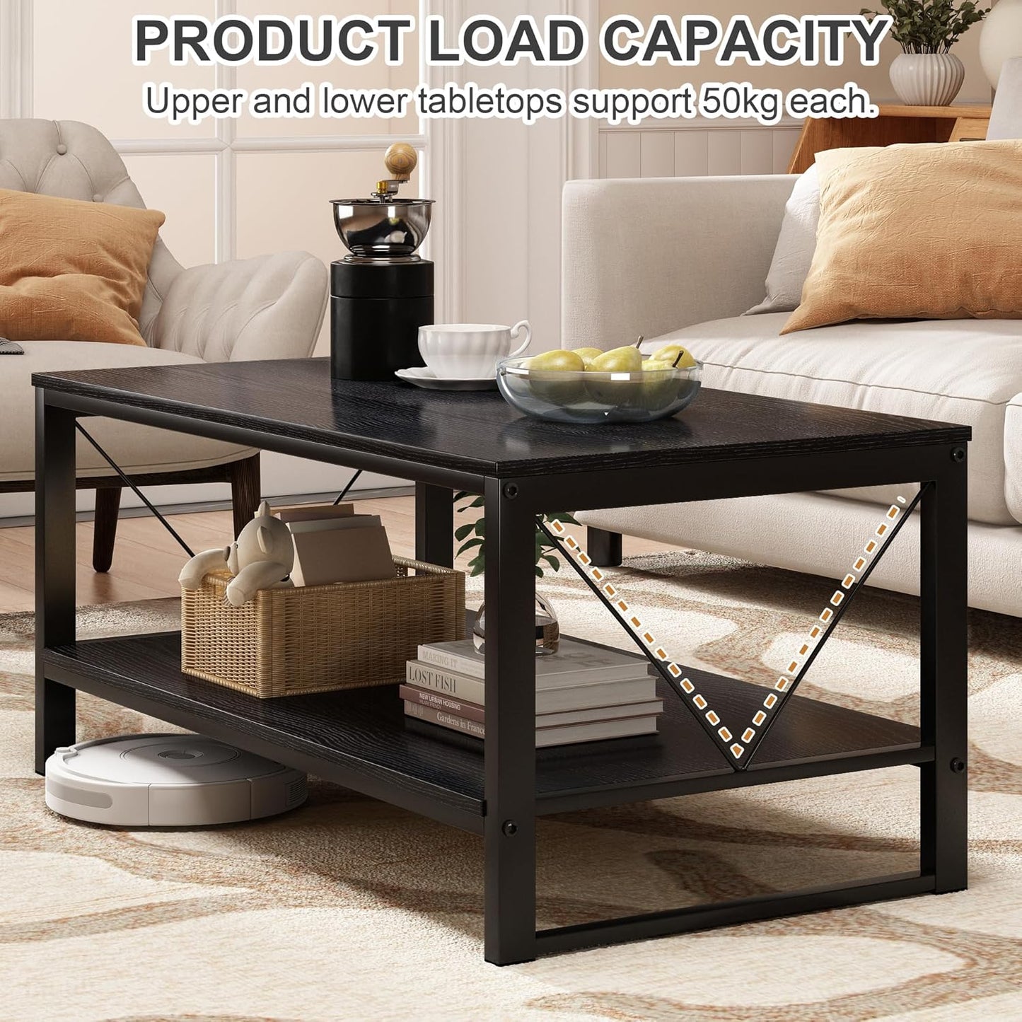 Rectangle Coffee Table Tea Table with Storage Shelf, Farmhouse Wooden Coffe Table for Living Room Table, 40" Rustic Center Table 2-Tier Minimalist Coffee Table Easy Assembly (Black)