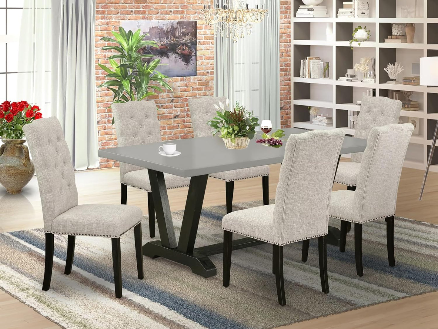 East West Furniture V697EL635-7 7 Piece Kitchen Table & Chairs Set Consist of a Rectangle Dining Room Table with V-Legs and 6 Doeskin Linen Fabric Parson Chairs, 40x72 Inch, Multi-Color