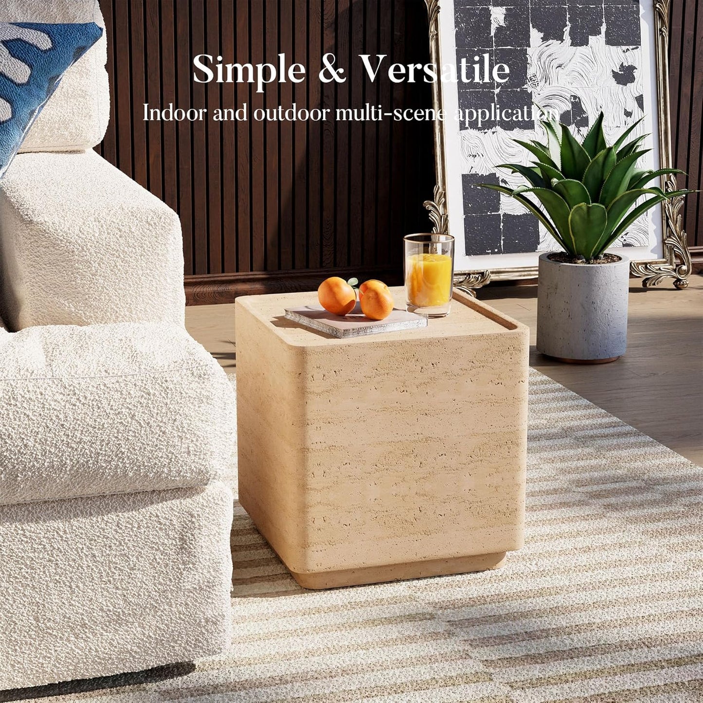 COSIEST 14.4" Outdoor Side Table, Rectangular Concrete End Table for Patio Small Outdoor Coffe Tables, Garden Stool Accent Table for Livingroom, Porch, Deck, Balcony & Beach，Sandy Yellow