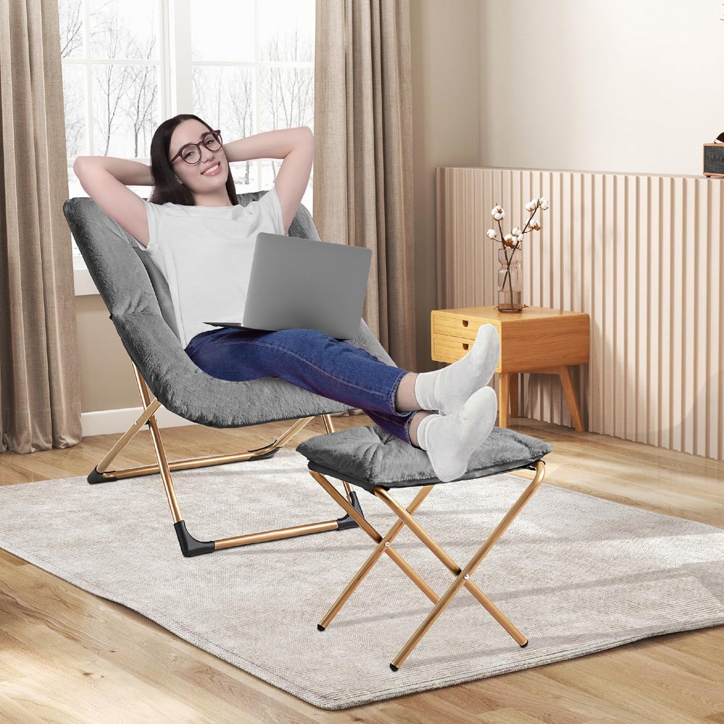 Comfy Oversized Saucer Chair with Ottoman,Soft Faux Fur Reading Lounge Chair for Adults,Stable X-Large Metal Frame and Non-Slip Pad,Cozy Chair for Bedroom, Living Room, Dorm, Dark Gray