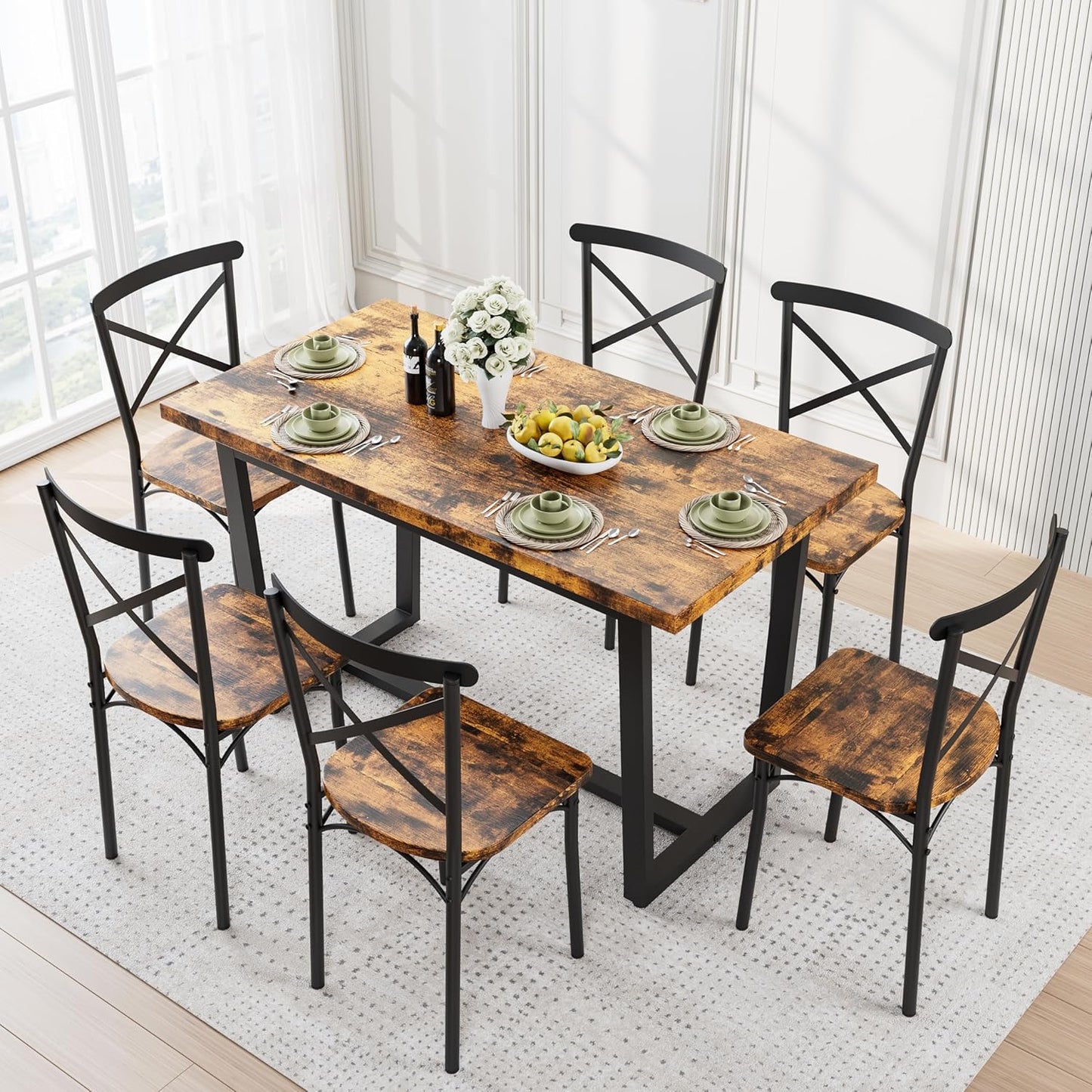 Ball & Cast 7 Pieces Dining Table Set,Kitchen Table and Chairs for 6 with 52" Table and 6 Chairs,Desk with Foot Pads,for Small Space,Apartment,Dining Room,Brown