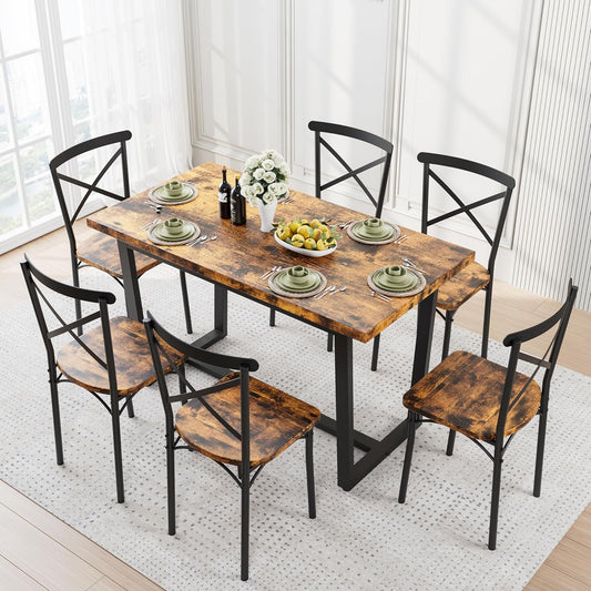 Ball & Cast 7 Pieces Dining Table Set,Kitchen Table and Chairs for 6 with 52" Table and 6 Chairs,Desk with Foot Pads,for Small Space,Apartment,Dining Room,Brown