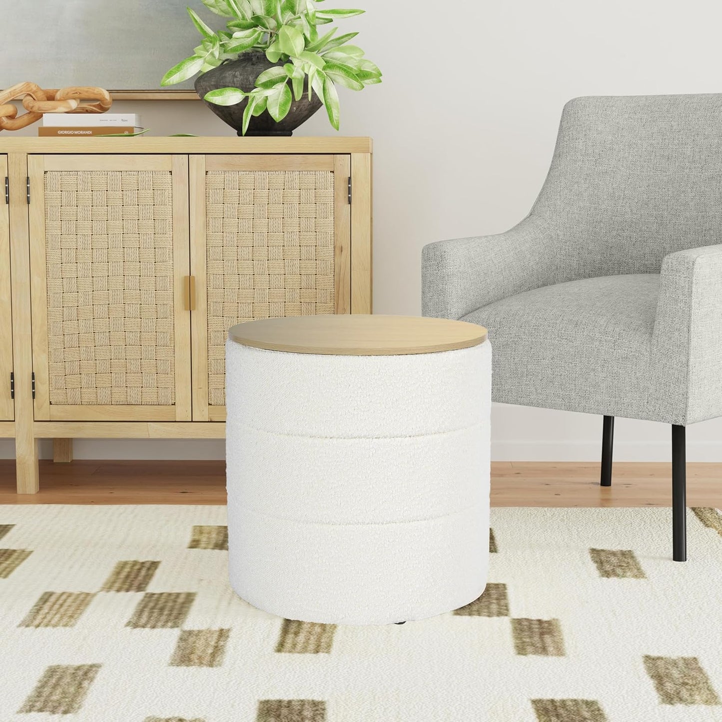 HomePop Channel Storage Ottoman with Wood Top - Cream Boucle