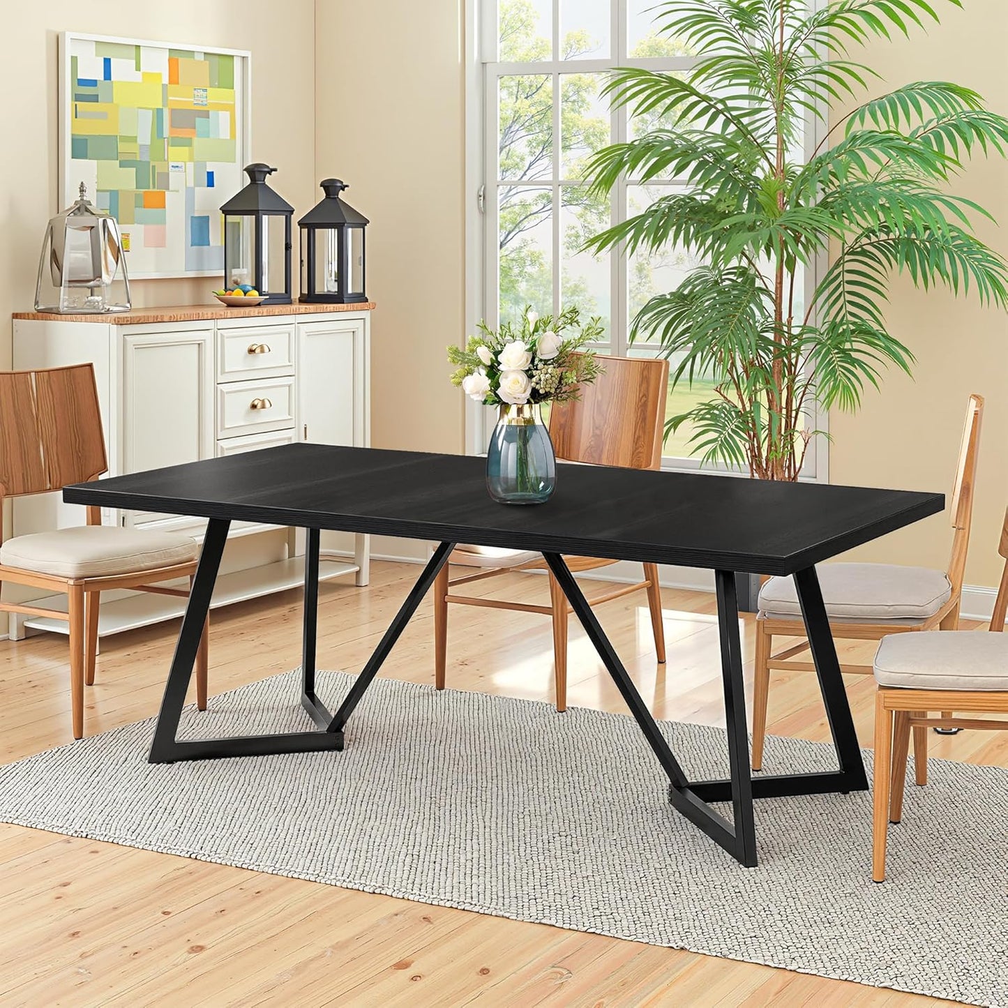 71" Dining Table for 6-8, Farmhouse Dinner Table with Wooden Tabletop and Metal Frame Base, Rectangular Kitchen Tables for Dining Room, Kitchen, Living Room, Black