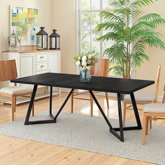 71" Dining Table for 6-8, Farmhouse Dinner Table with Wooden Tabletop and Metal Frame Base, Rectangular Kitchen Tables for Dining Room, Kitchen, Living Room, Black