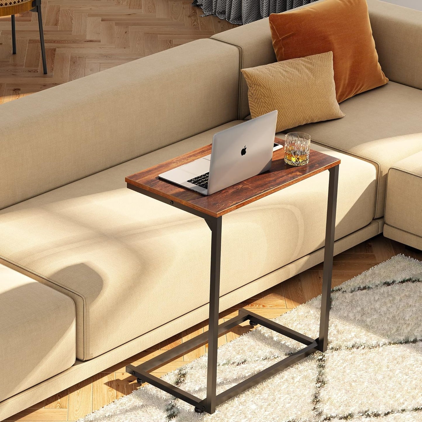 WLIVE C-Shaped End Table, Small Side Tables for Sofa, Wide Couch Table That Slide Under, Laptop Snack Table for Living Room, Bedroom, Home Office, Retro Brown