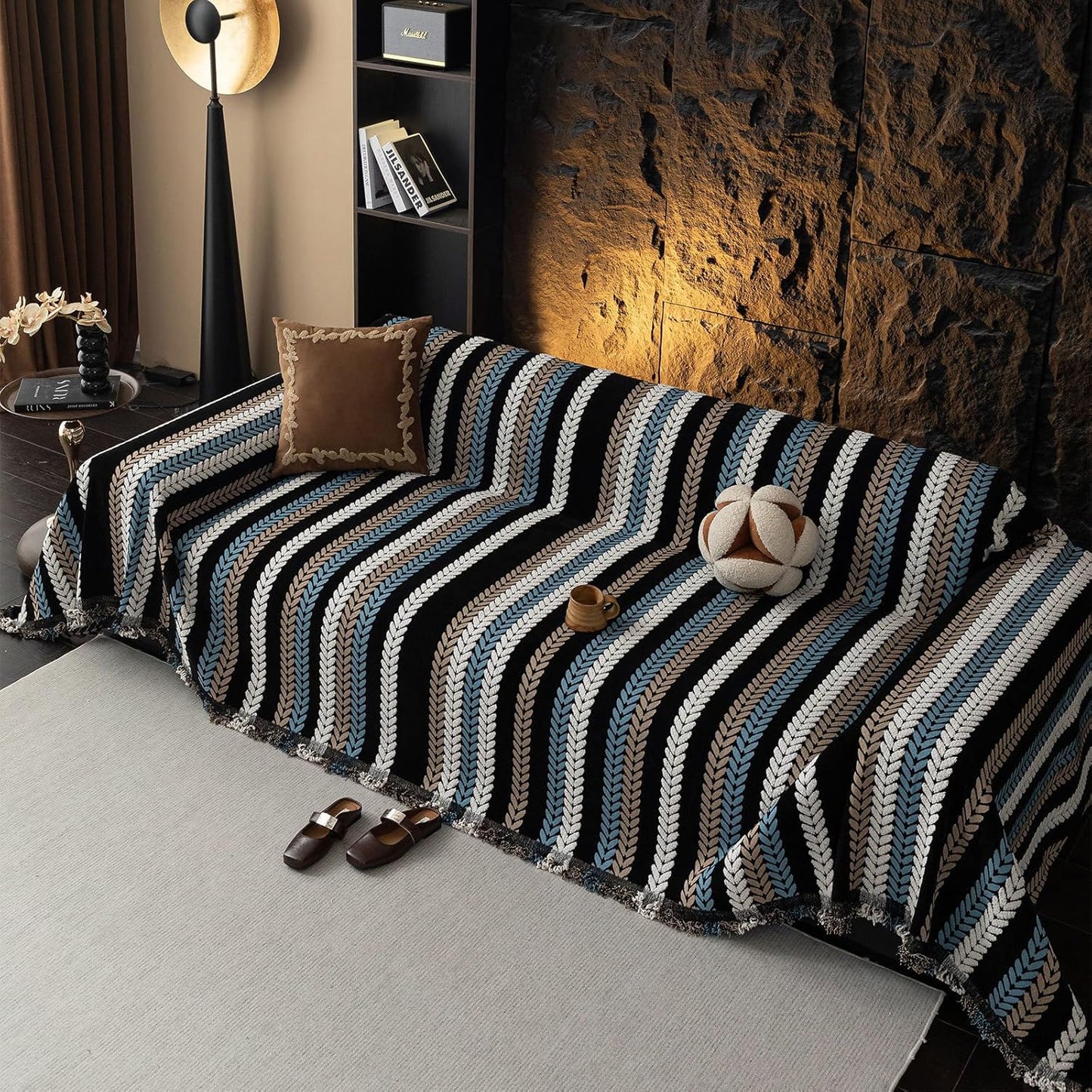 STACYPIK Boho Chenille Sofa Cover, Soft Jacquard Leaves Couch Cover, Non-Slip Loveseat Cover for Sectional Sofa, Washable Pet Protector for 3 Cushion Couch,Multi-use Vintage Throw Slipcover-71x150IN