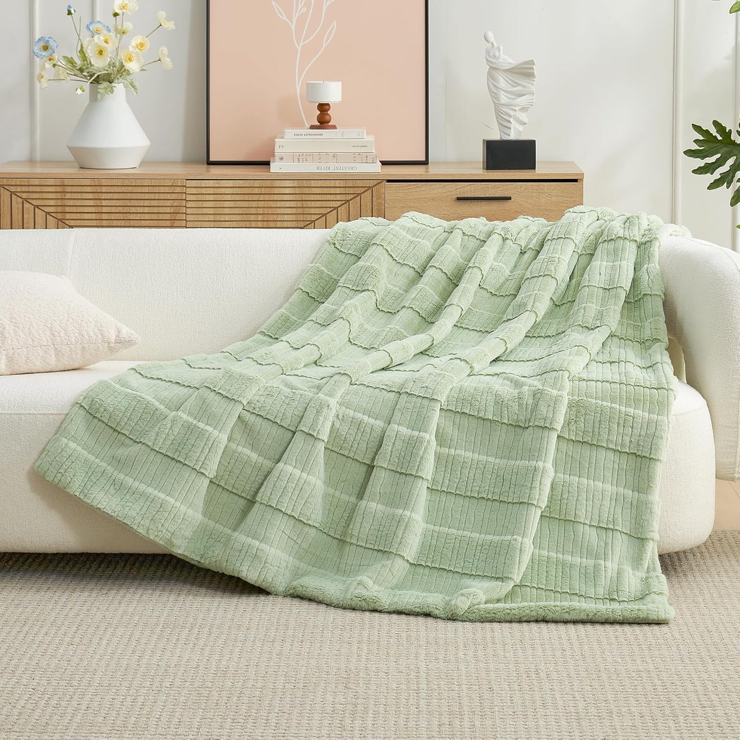Amélie Home Luxury Striped Faux Fur Throw Blanket for Couch, Embossed Split Fur Cozy Fuzzy Fluffy Luxurious Soft Plush Sofa Chair Bed Gift Blankets for Women Men Wife Friend, 60"x80", Sage Green