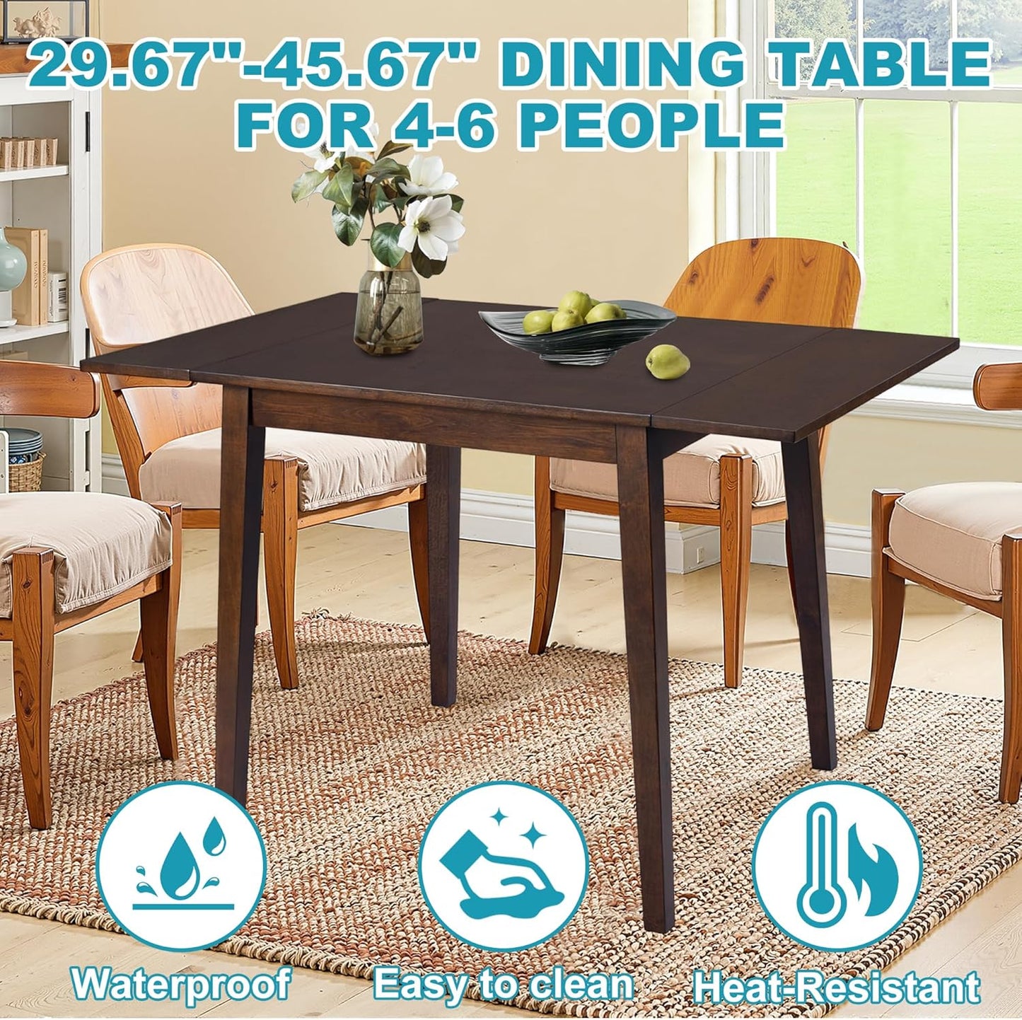 29"- 45" Extendable Dining Table for 2-4, Folding Square Dinner Table Small Kitchen Dining Room Tables with Wood Legs for Small Space, Kitchen, Living Room, Dark Brown