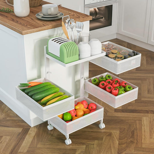 Fruit Basket for Kitchen No Assembly, Rolling Rotating Storage cart,Bathroom Shelf,Storage Drawer Cart for Bathroom,Metal Vegetable Rolling cart(Bright White, 4 Tier-Square)