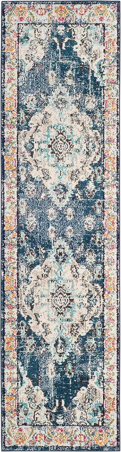 SAFAVIEH Monaco Collection Runner Rug - 2'2" x 22', Navy & Light Blue, Boho Chic Medallion Distressed Design, Non-Shedding & Easy Care, Ideal for High Traffic Areas in Living Room, Bedroom (MNC243N)