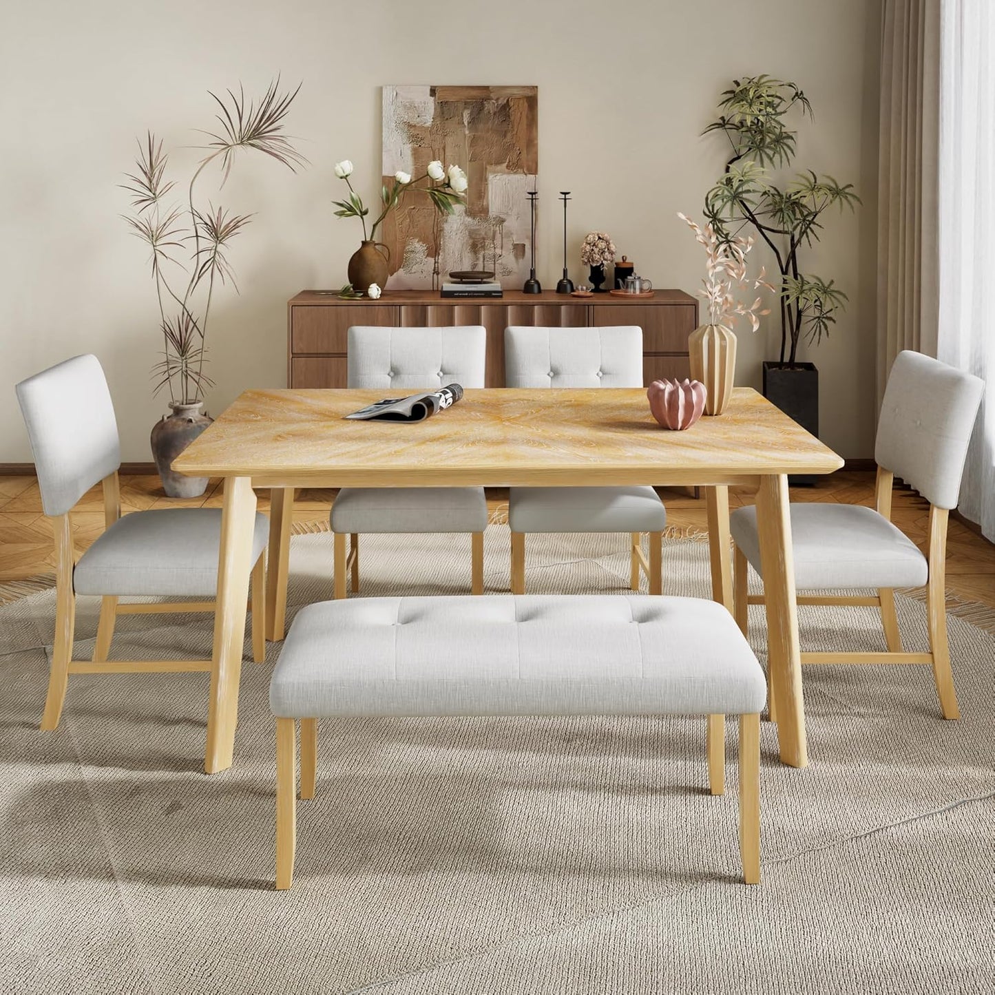 Ball & Cast 6 Piece Dining Room Table Set for 6,Rustic Farmhouse Dining Room Rectangular Table with Upholstered Chairs and Bench,Wood Dining Furniture for Kitchen,Natural Wood Wash
