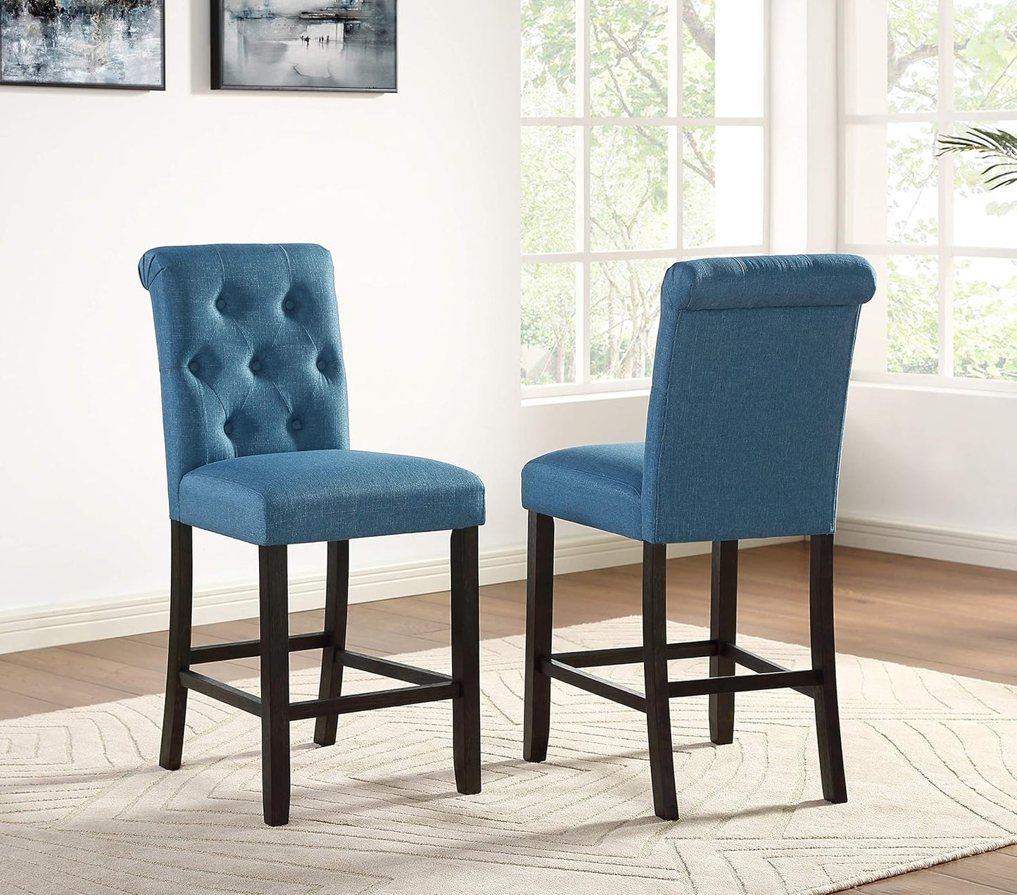Roundhill Furniture Hendley Solid Wood Tufted Counter Height Stools, Set of 2, Blue