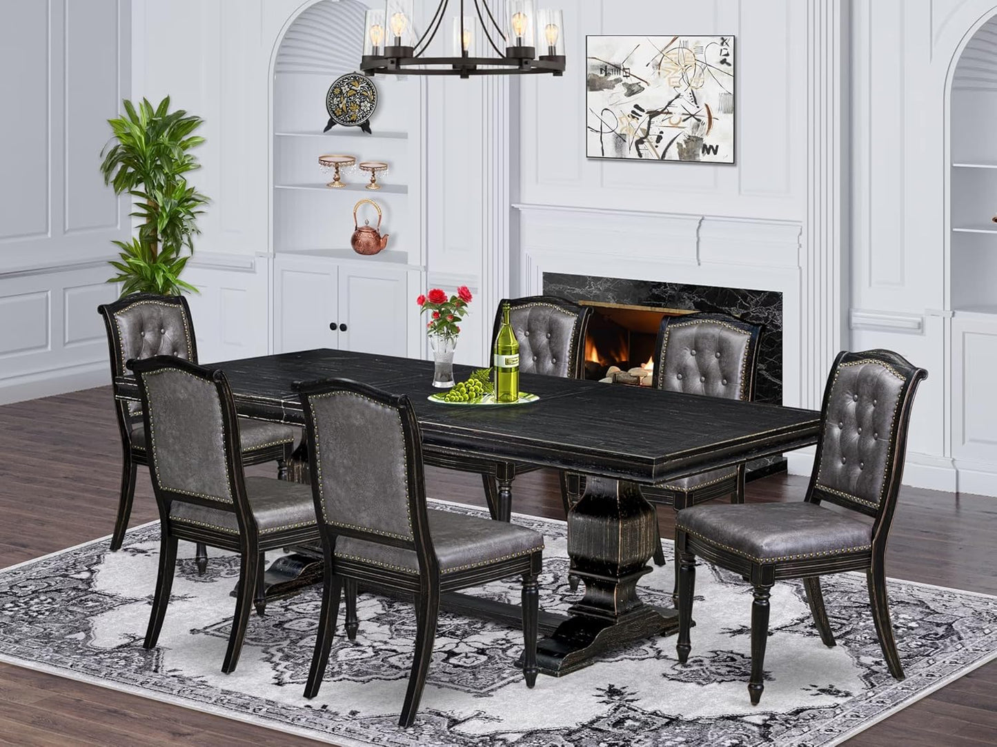 LKMA7-SBB-34-7-pc Dining Room Set Consists of a Dinner Table and 6 Dark Grey Polyester Fabric Modern Dining Chairs with Button Tufted Back - Sand Blasting Black Finish