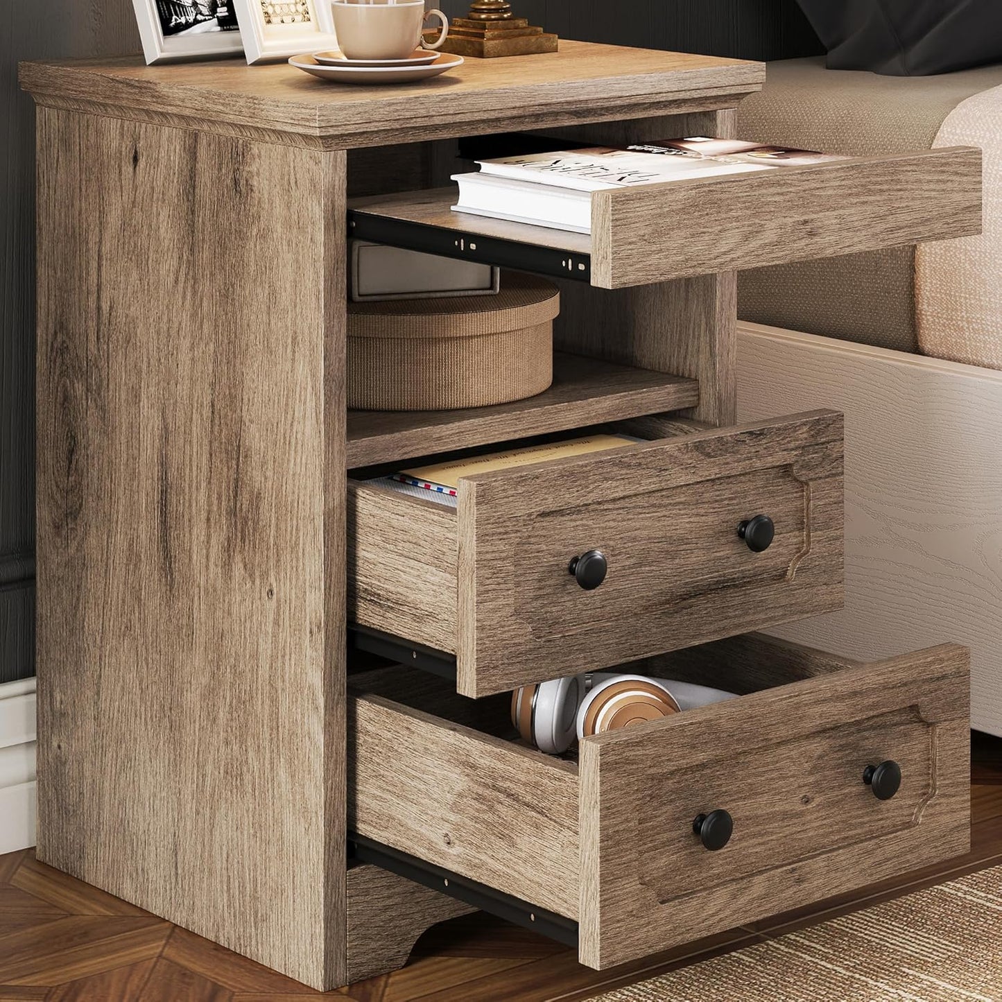 LIKIMIO Night Stand, Modern Bedside Table with 2 Drawers, Open Shelf, End Table with Pull-Out Tray, Wood SideTable, Grey Oak