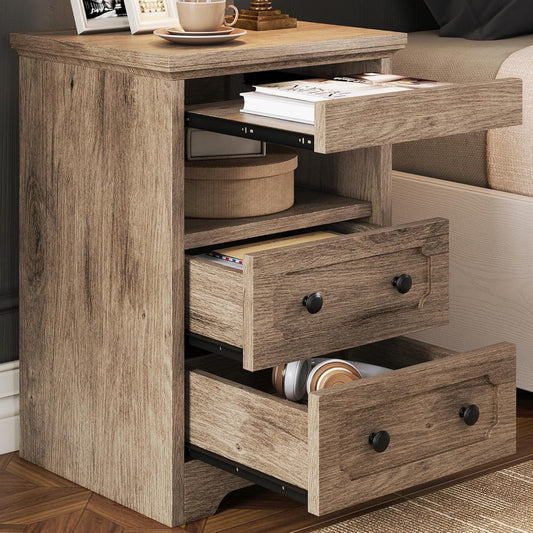 LIKIMIO Night Stand, Modern Bedside Table with 2 Drawers, Open Shelf, End Table with Pull-Out Tray, Wood SideTable, Grey Oak