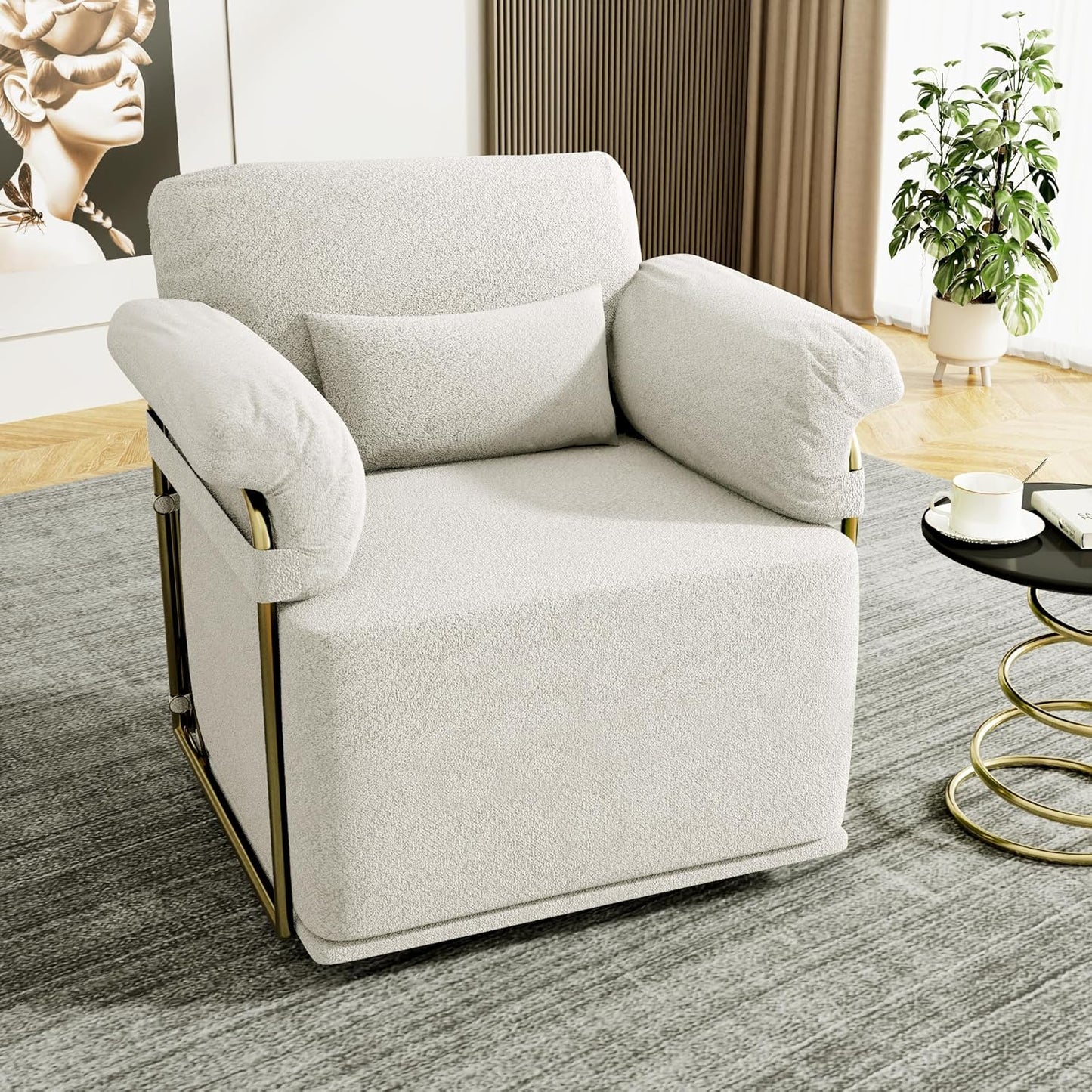 KEIKI Modern Comfy Swivel Accent Reading Chair with Waist Pillows, 360°Square Upholstered Barrel Armchair Single Club Lounge Sofa Chairs for Living Room,Bedroom,Office,Beige