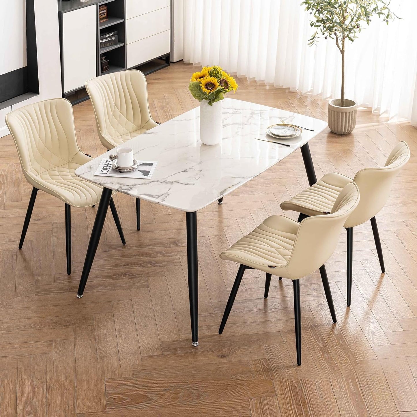 Kidol & Shellder Beige Dining Chairs Set of 2,Faux Leather Upholstered Mid Century Modern Kitchen&Dining Room Chair with Back,Ergonomic Armless Vanity&Living Room Chair with Metal Legs