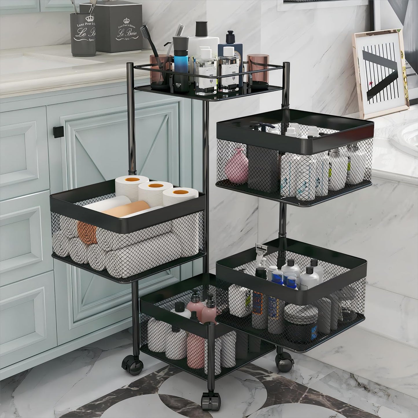 Rotating Kitchen Storage Rack，Bathroom Shelf，Kitchen Organization and Storage，Bathroom Storage Organizer，Fruit Basket，Rolling Carts with Wheels(Black, 4 Tier-Square)