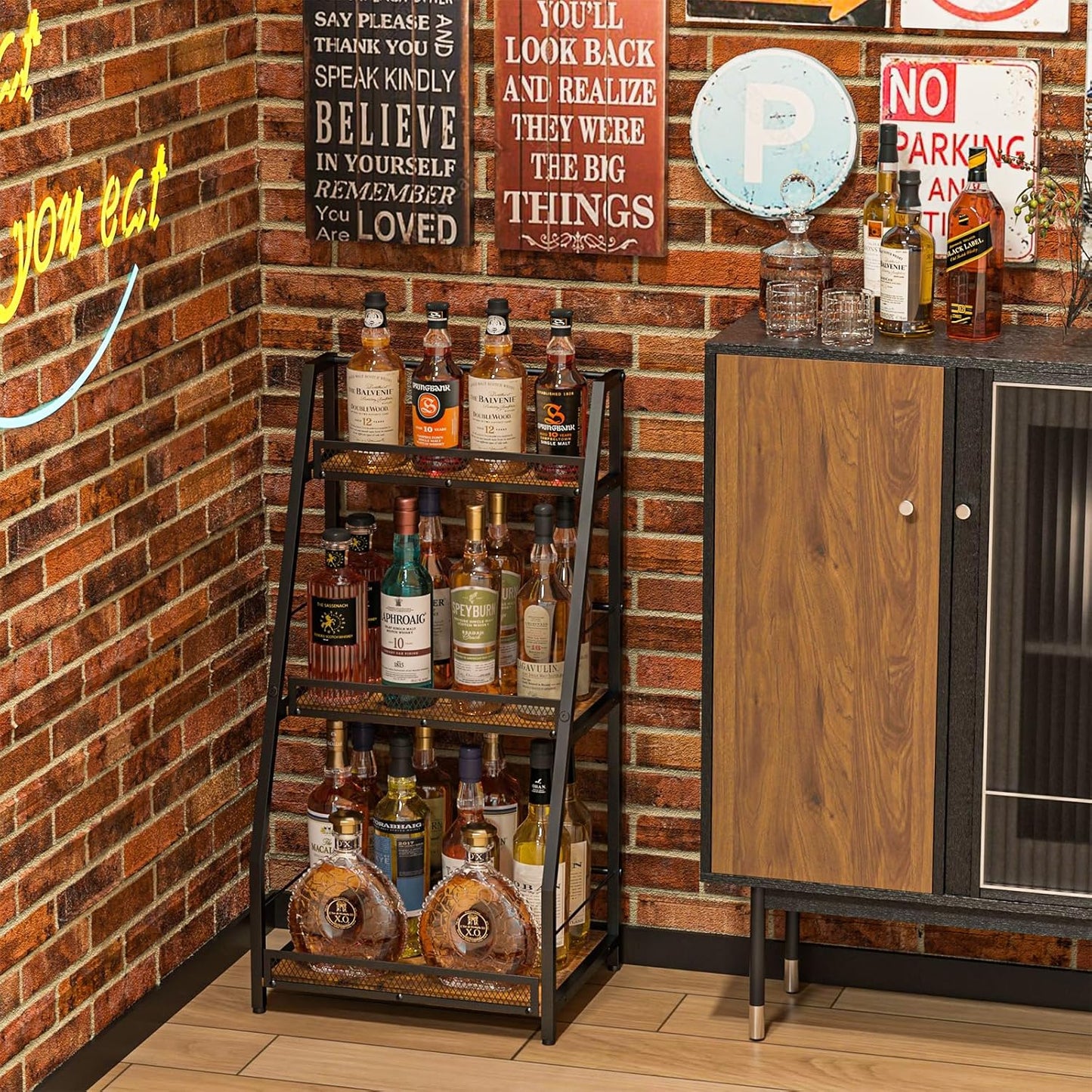 3-Tier Trapezoid Liquor Stand for Home Bar, Stepped Wine Rack Freestanding Floor for Liquor Whiskey Wine, Versatile Corner Wine Bottle Display Stand with Fences, Vintage Brown（Patent Pending）