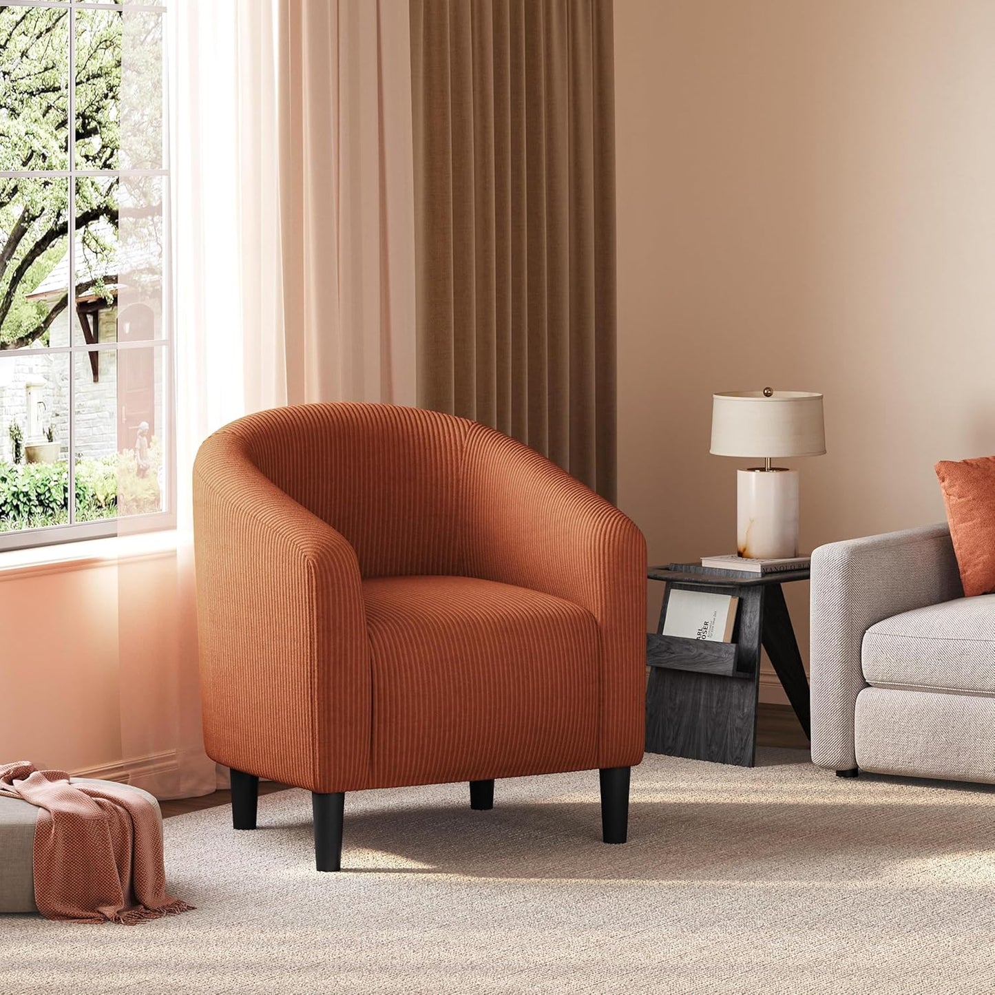 Yaheetech Accent Barrel Chair, Corduroy Fabric Club Chair, Furry Sherpa Elegant Armchair with Cozy Soft Padded, Suitable for Living Room Bedroom Reception Room Office, Brick Red