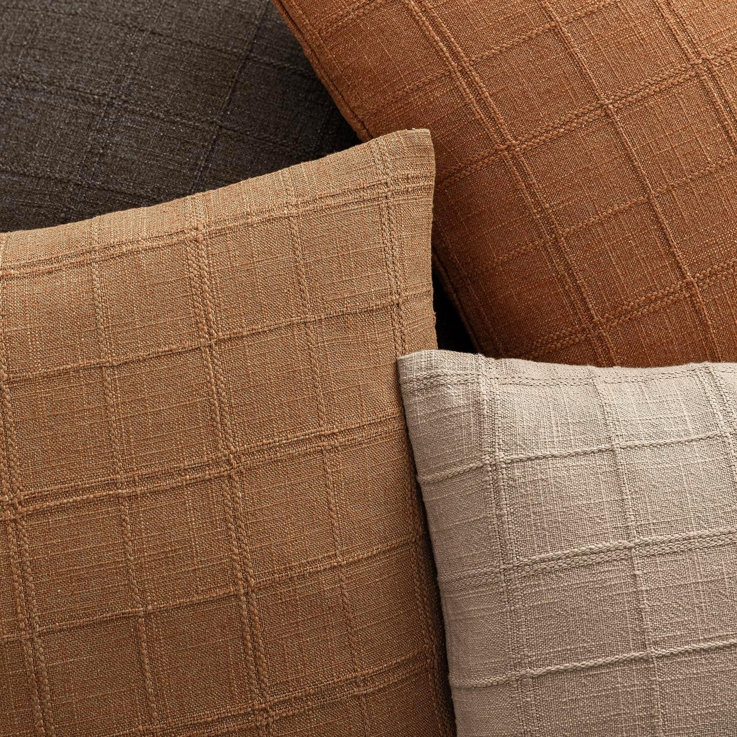 Foindtower Set of 2 Decorative Linen Check Throw Pillow Covers Neutral Farmhouse Vintage Cushion Covers Modern Boho Home Decor for Sofa Chair Couch Bedroom Living Room Outdoor,18×18 Inch,Brick